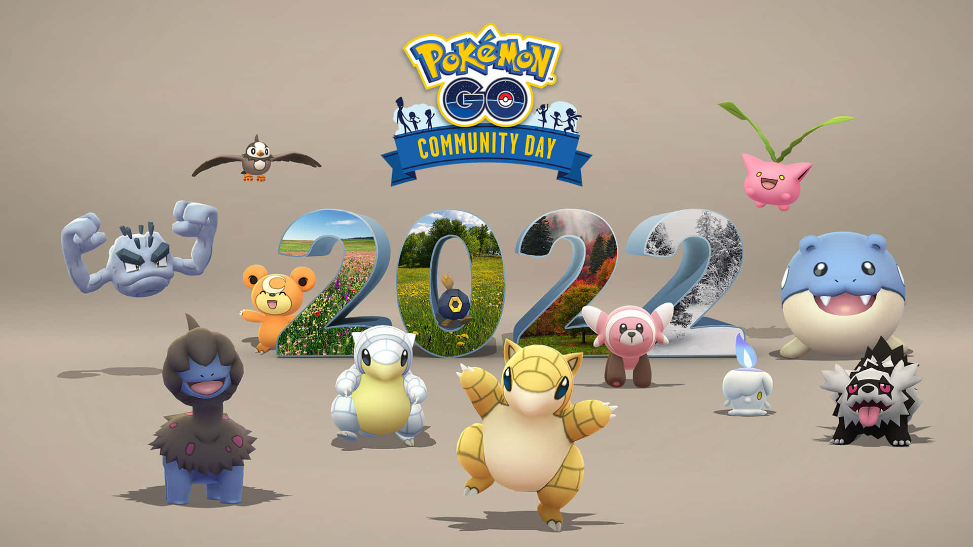 Pokémon GO Community Day 2022，多個寶可夢角色圍繞大型3D數字。
