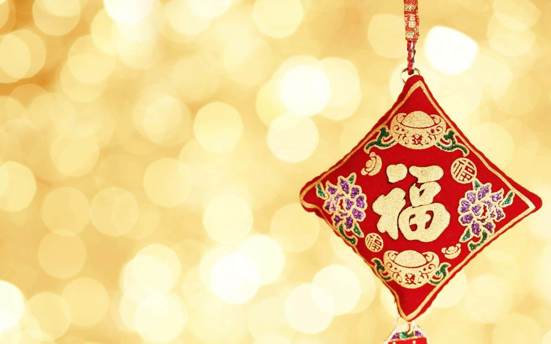 2022年春節慶典的絢麗盛景 壁紙 — 一個紅色刺繡的中國新年裝飾，帶有金色「福」字，懸掛在溫暖的金色散景背景上。