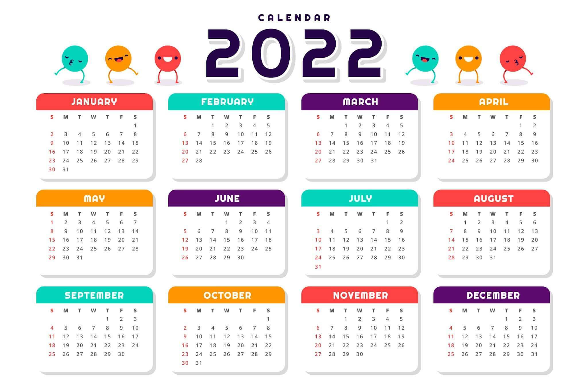 2022年曆卡通微笑表情 壁紙 — 2022 年月曆，每個月的網格佈局上方有彩色卡通面孔。