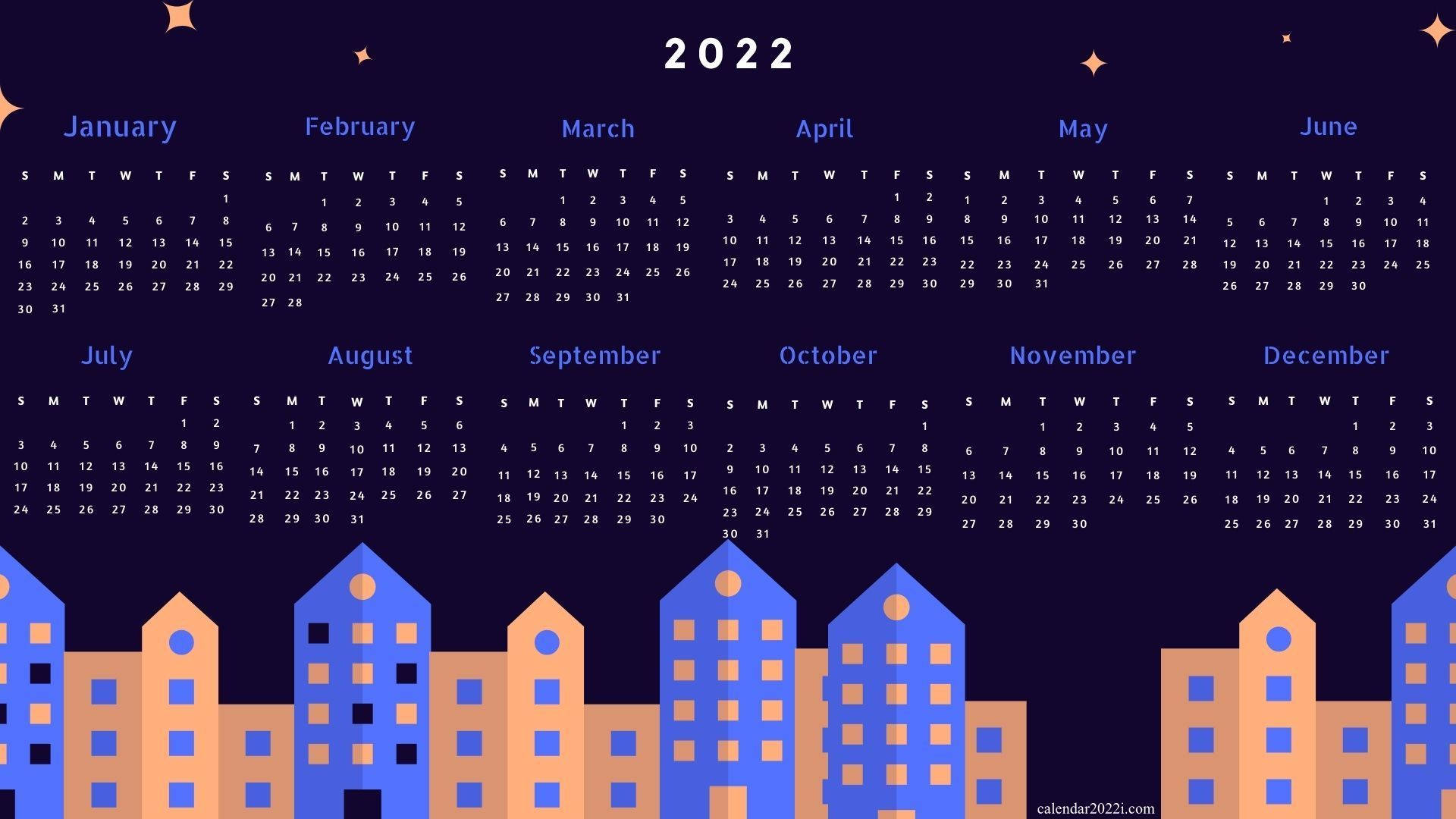 2022年曆城市風景 壁紙 — 2022年月曆，以深色星空為背景，搭配風格化的藍色和橙色建築物。