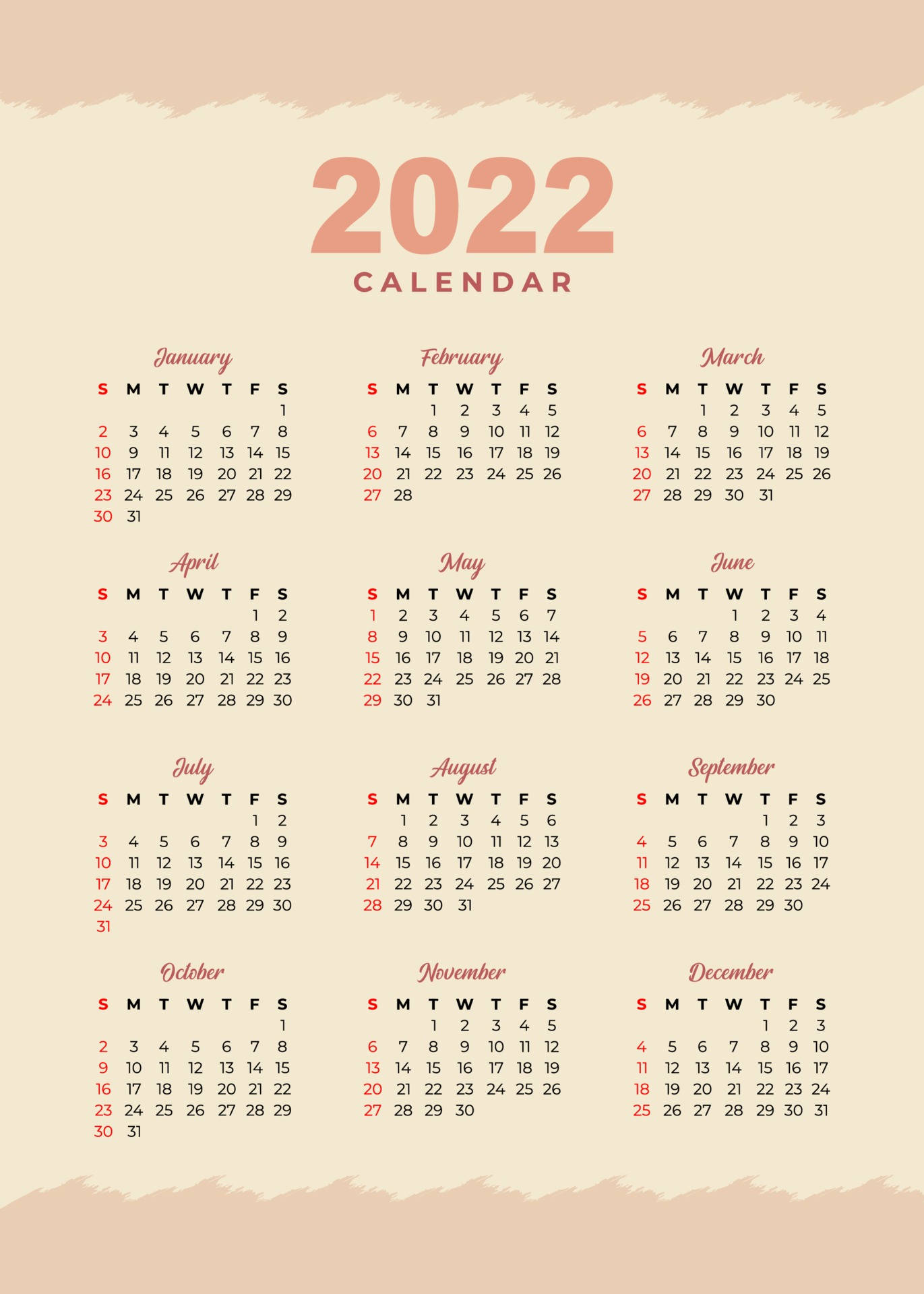 2022年曆極簡裸色系 壁紙 — 一個極簡風格的2022年月曆，採用柔和蜜桃色調和簡潔字體，以網格佈局排列。