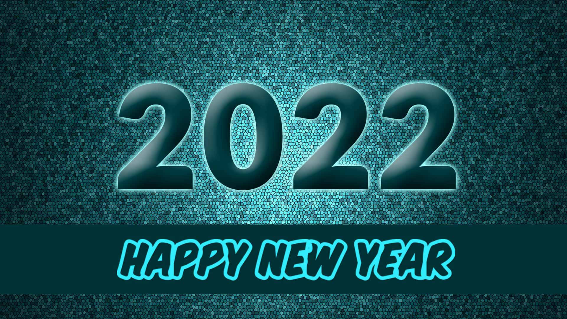 在閃爍的藍綠色數位背景上，發光的2022和Happy New Year文字。