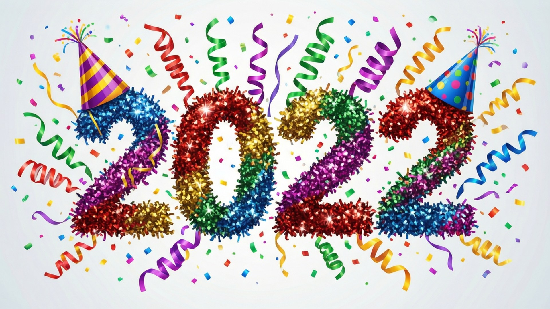 色彩繽紛的閃亮2022，帶有派對帽和紙屑，適合新年慶祝。