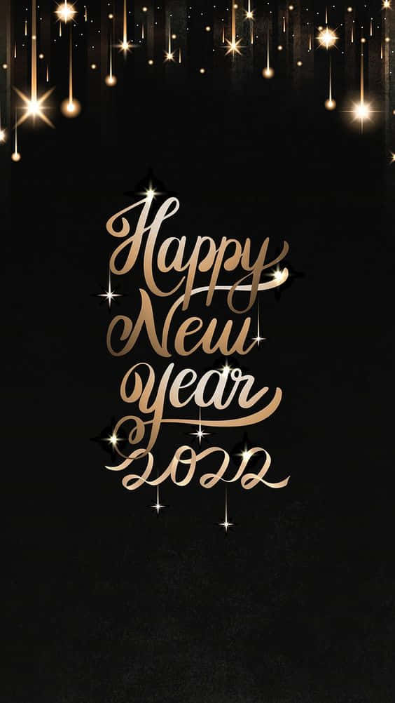 金色Happy New Year 2022文字，閃爍星星從上方落在黑色背景上。