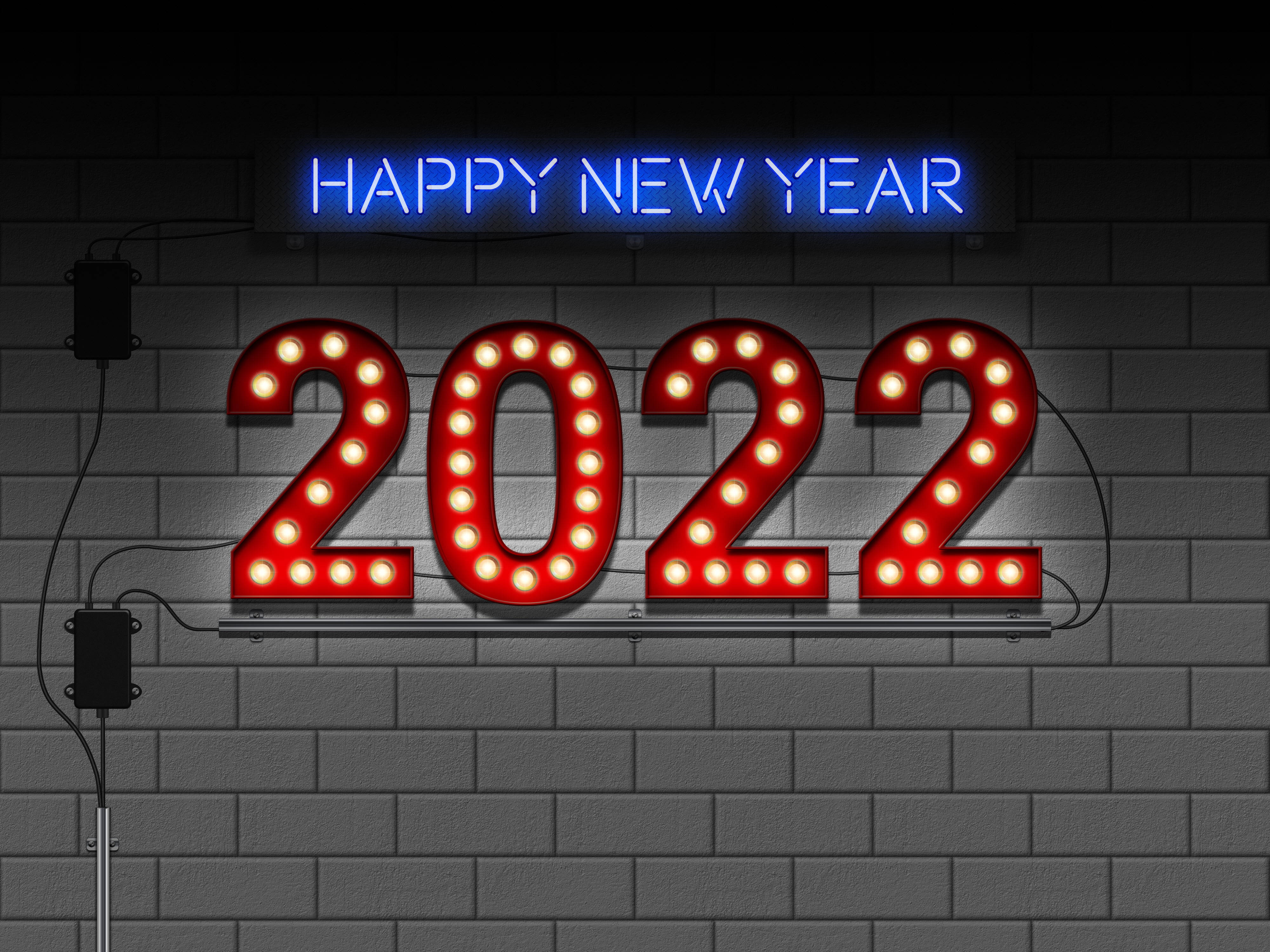 2022新年快樂吧檯燈壁紙 壁紙 — 一個發光的紅色跑馬燈顯示「2022」，上方有一個藍色霓虹燈牌寫著「HAPPY NEW YEAR」，背景是深色磚牆。