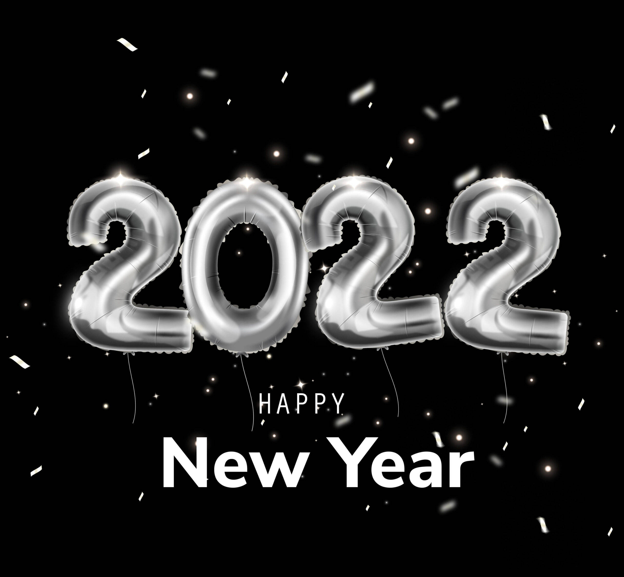 2022新年快樂銀色氣球壁紙 壁紙 — 閃亮的銀色2022氣球在黑色背景上漂浮，伴隨著飄落的五彩紙屑和閃爍的燈光。