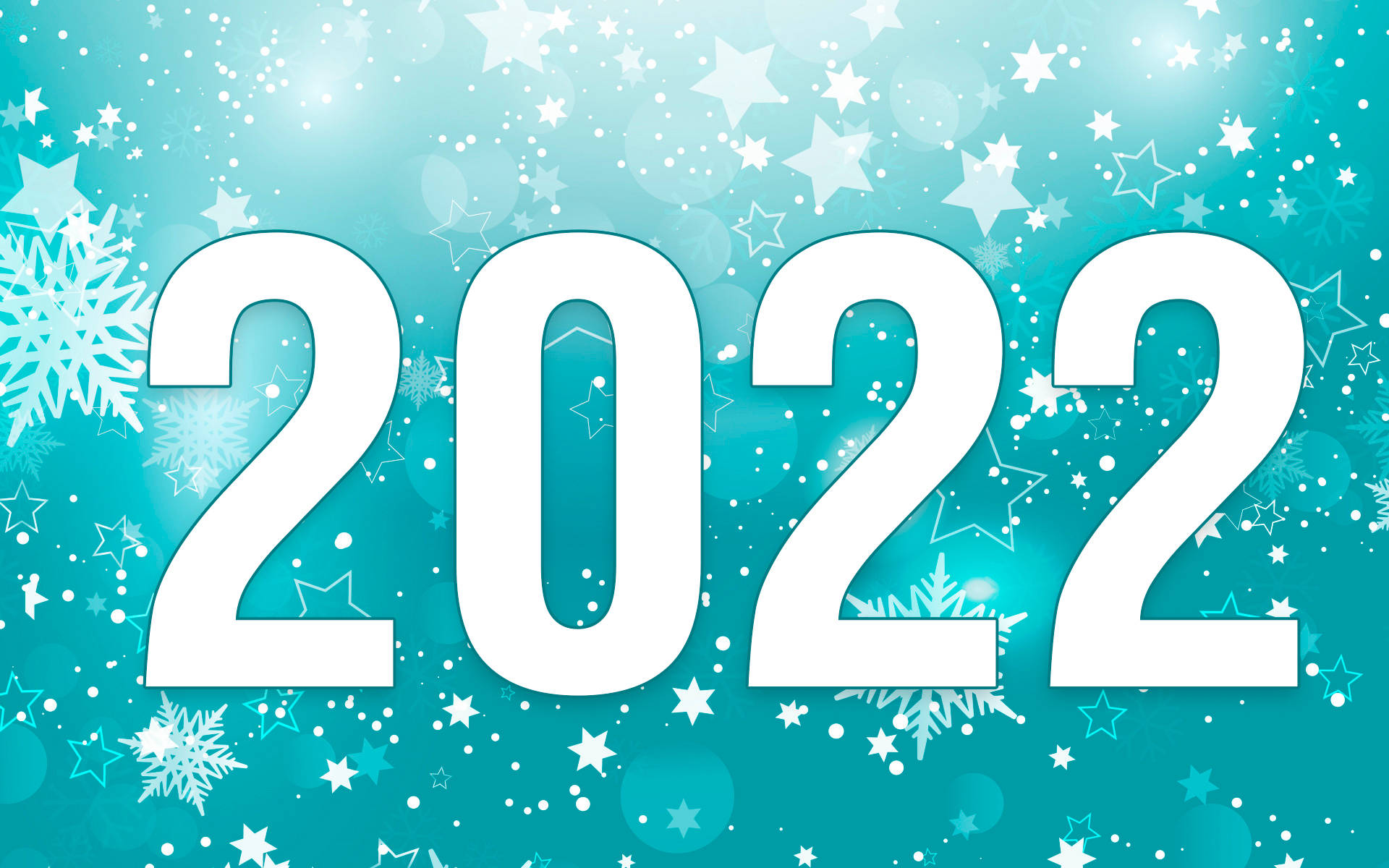 2022新年快樂青綠海報壁紙 壁紙 — 粗體白色2022數字漂浮在閃爍的青綠色背景上，背景飾有雪花和星星。