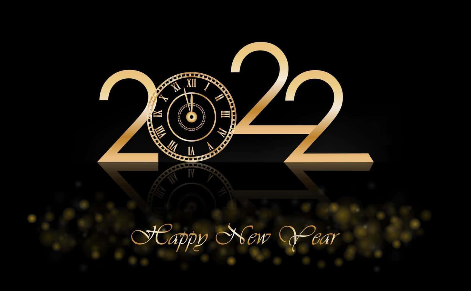 金色2022，帶有時鐘和閃光，黑色背景，用於新年慶祝。