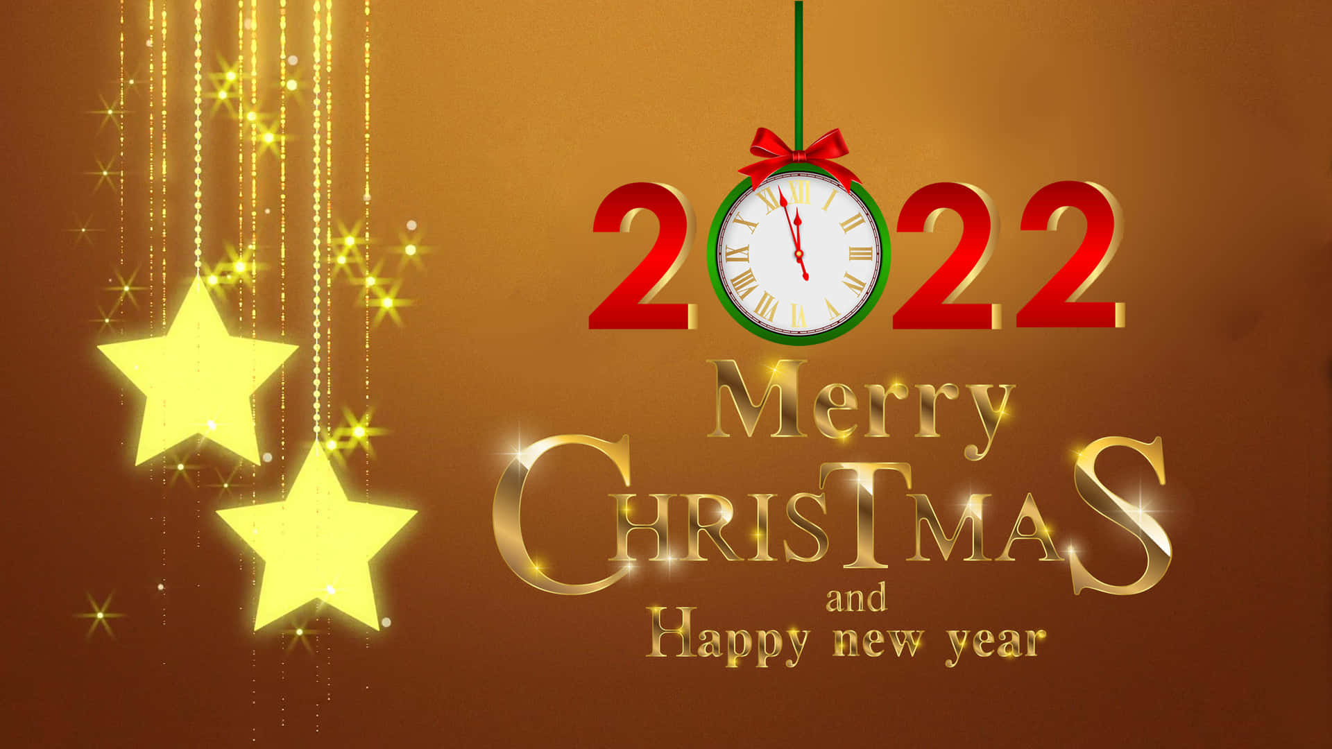 聖誕快樂及新年快樂2022，配有金色星星和時鐘。