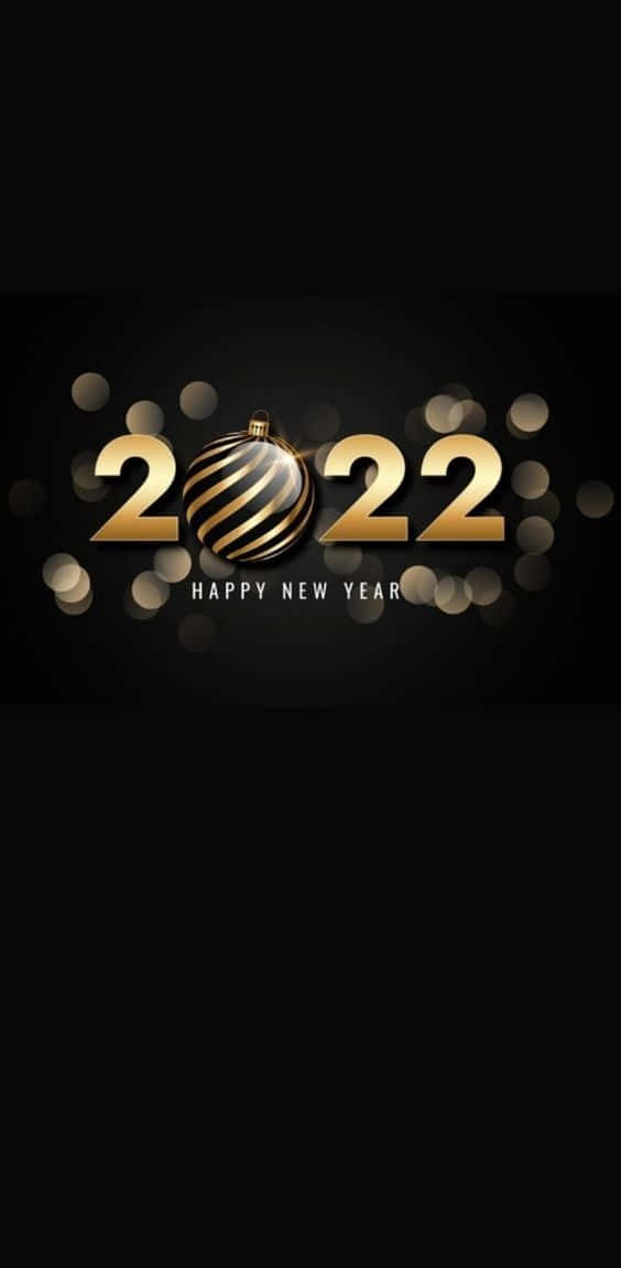 金色2022年新年文字，帶有裝飾和燈光，黑色背景。