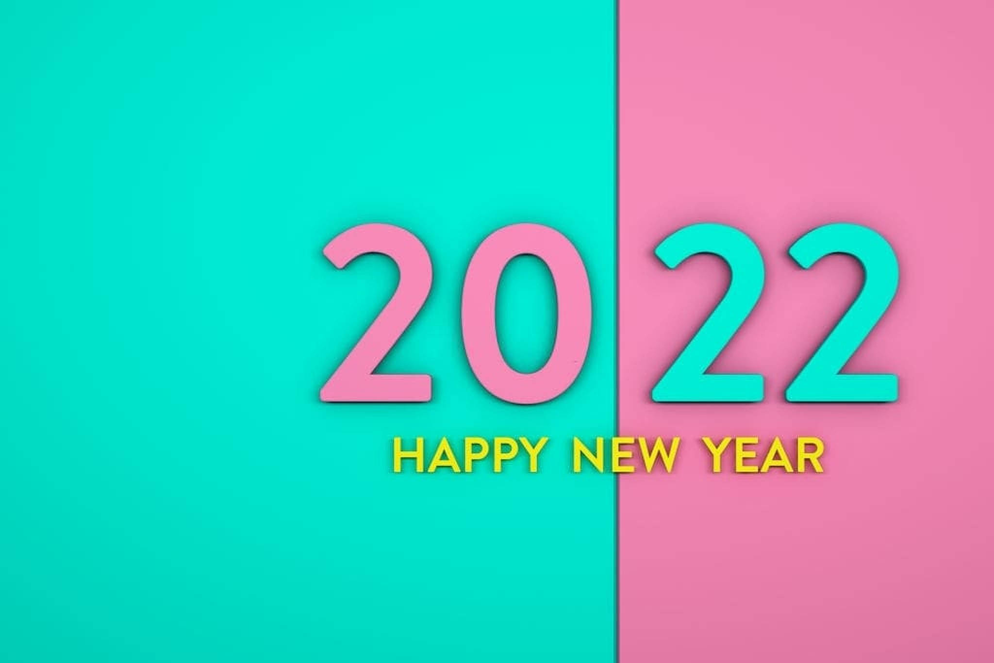 2022新年粉青藝術 壁紙 — 粉紅色和藍綠色的粗體2022文字，橫跨充滿活力的粉紅色和藍綠色背景，下方有黃色的「HAPPY NEW YEAR」。