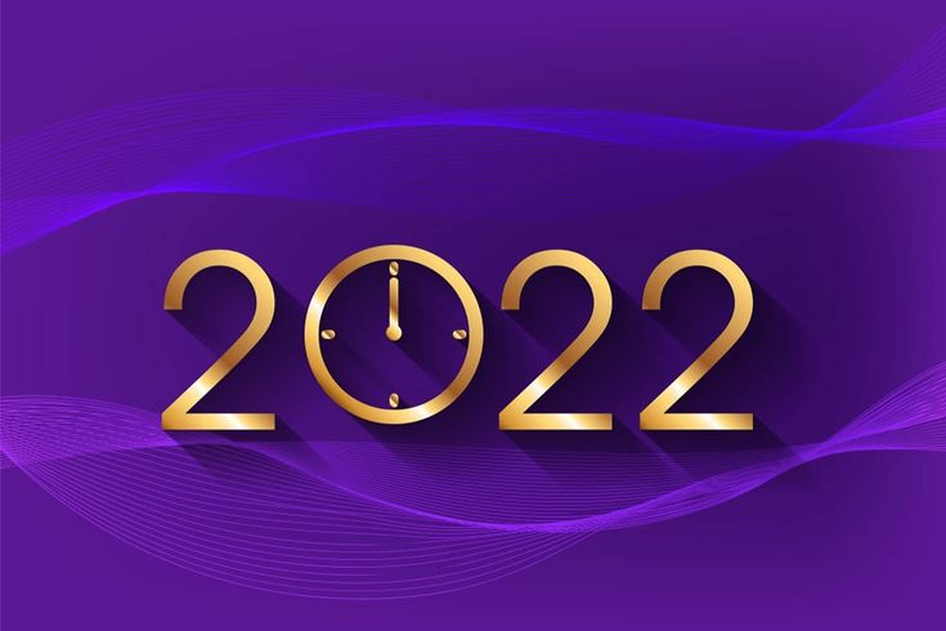 2022新年紫色藝術 壁紙 — 金色2022數字與時鐘面零點漂浮在流動的紫色波浪上，呈現時尚的數位設計。