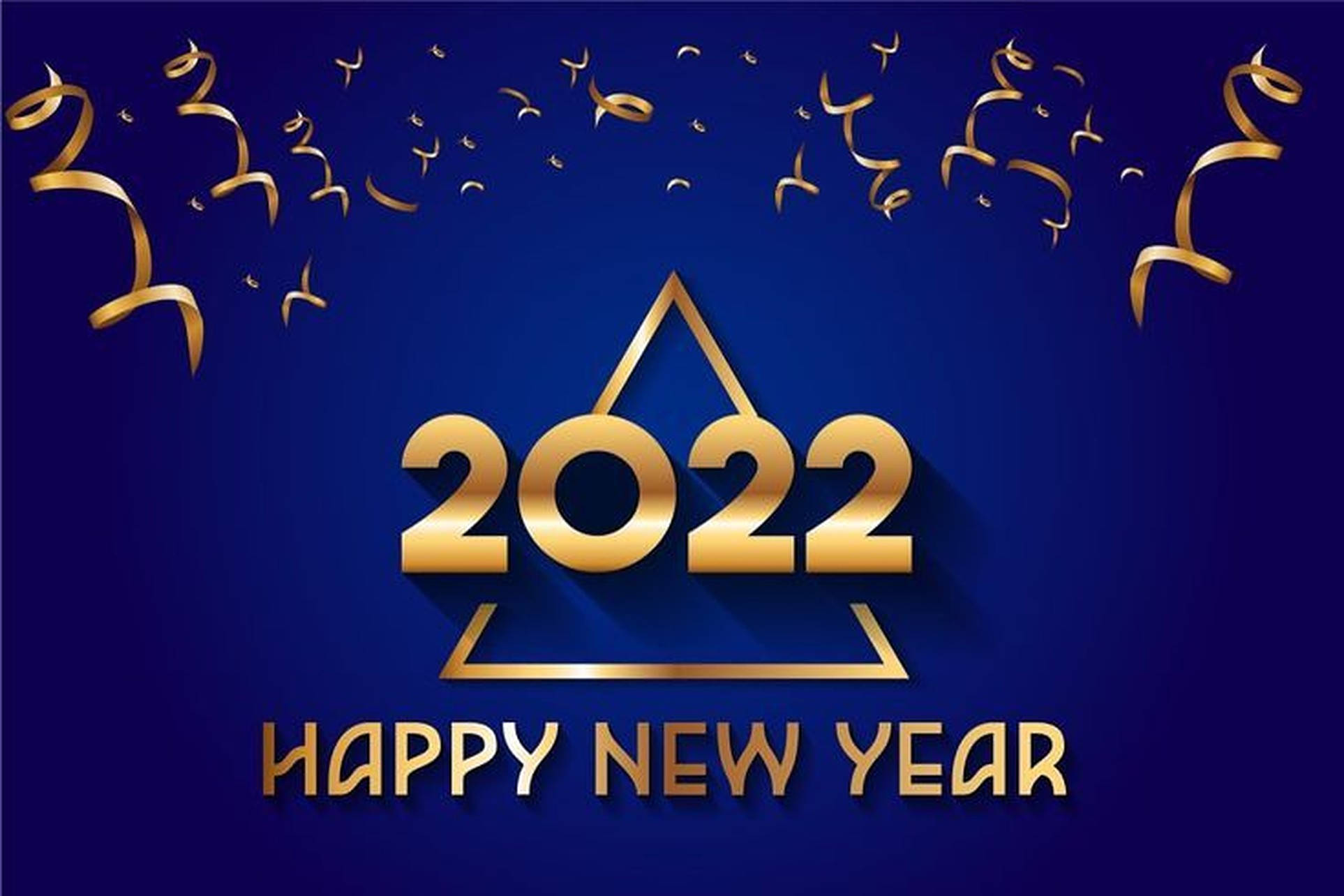2022新年藍色藝術 壁紙 — 深藍色背景上金色2022新年文字及飄落的五彩紙屑。