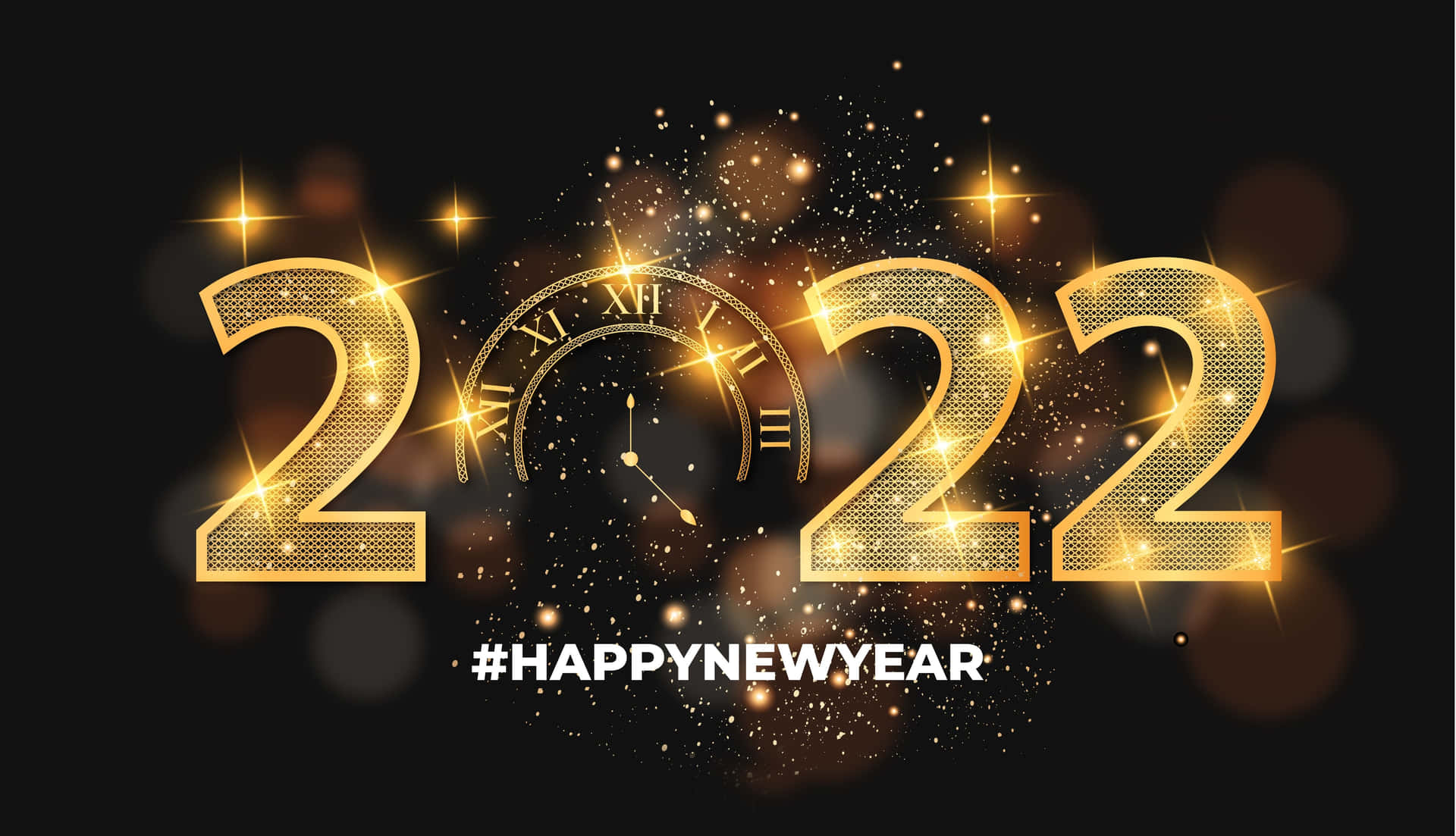 金色2022新年慶祝圖案，帶有時鐘和閃光。