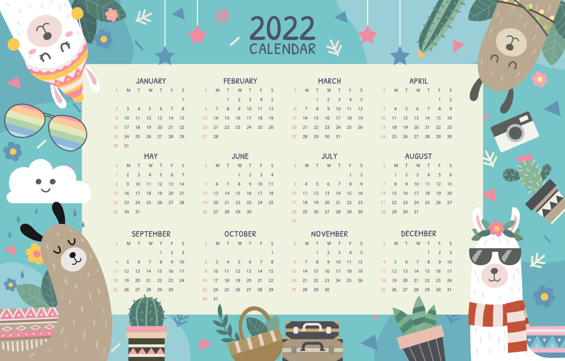 2022日曆塗鴉 壁紙 — 色彩繽紛的2022年月曆，可愛卡通羊駝戴著太陽眼鏡和帽子，被植物和幾何形狀環繞。