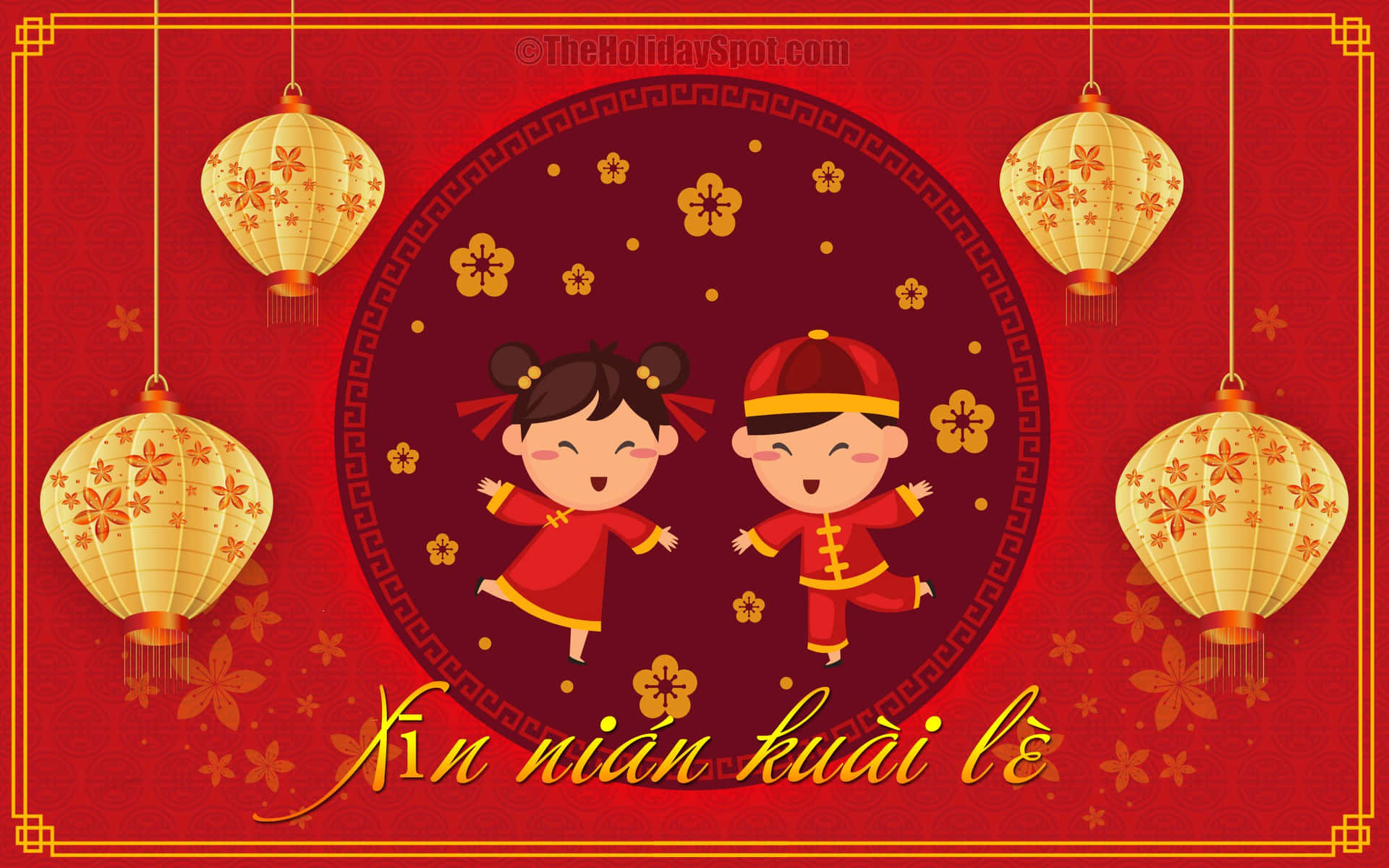 2022春節新年快樂 壁紙 — 兩個快樂的卡通兒童穿著傳統紅色服裝，在金色燈籠和花卉圖案中，在喜慶的紅色背景上跳舞。