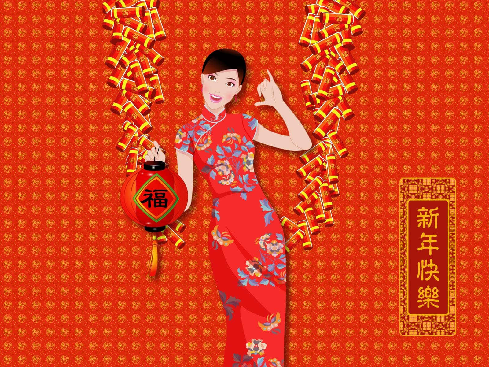 2022春節紅衣女子 壁紙 — 一位身穿花卉紅色旗袍的開朗女性，手持燈籠，在層疊的鞭炮旁做手勢，背景是喜慶的紅色圖案。