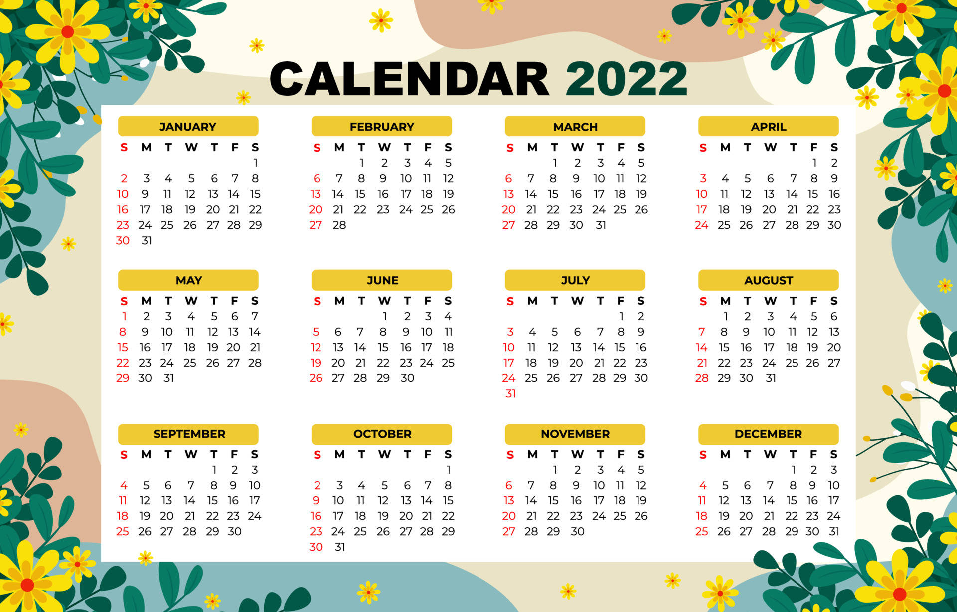 2022洋水仙花日曆 壁紙 — 色彩繽紛的2022年月曆，以黃色花朵和綠色葉子圍繞每月網格，背景為柔和粉彩。