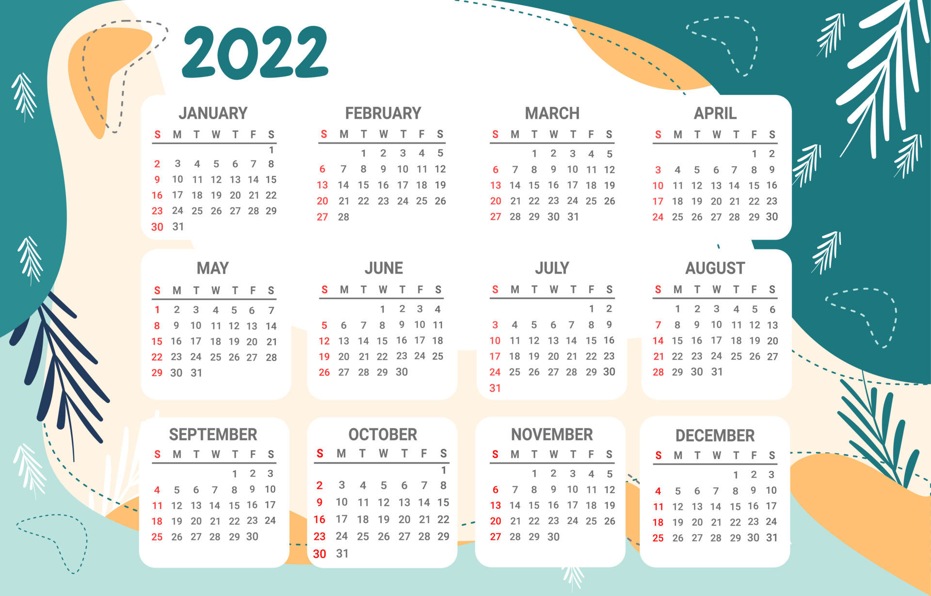 2022熱帶風日曆 壁紙 — 色彩繽紛的2022年月曆，採用柔和背景和樹葉塗鴉框住每月網格。