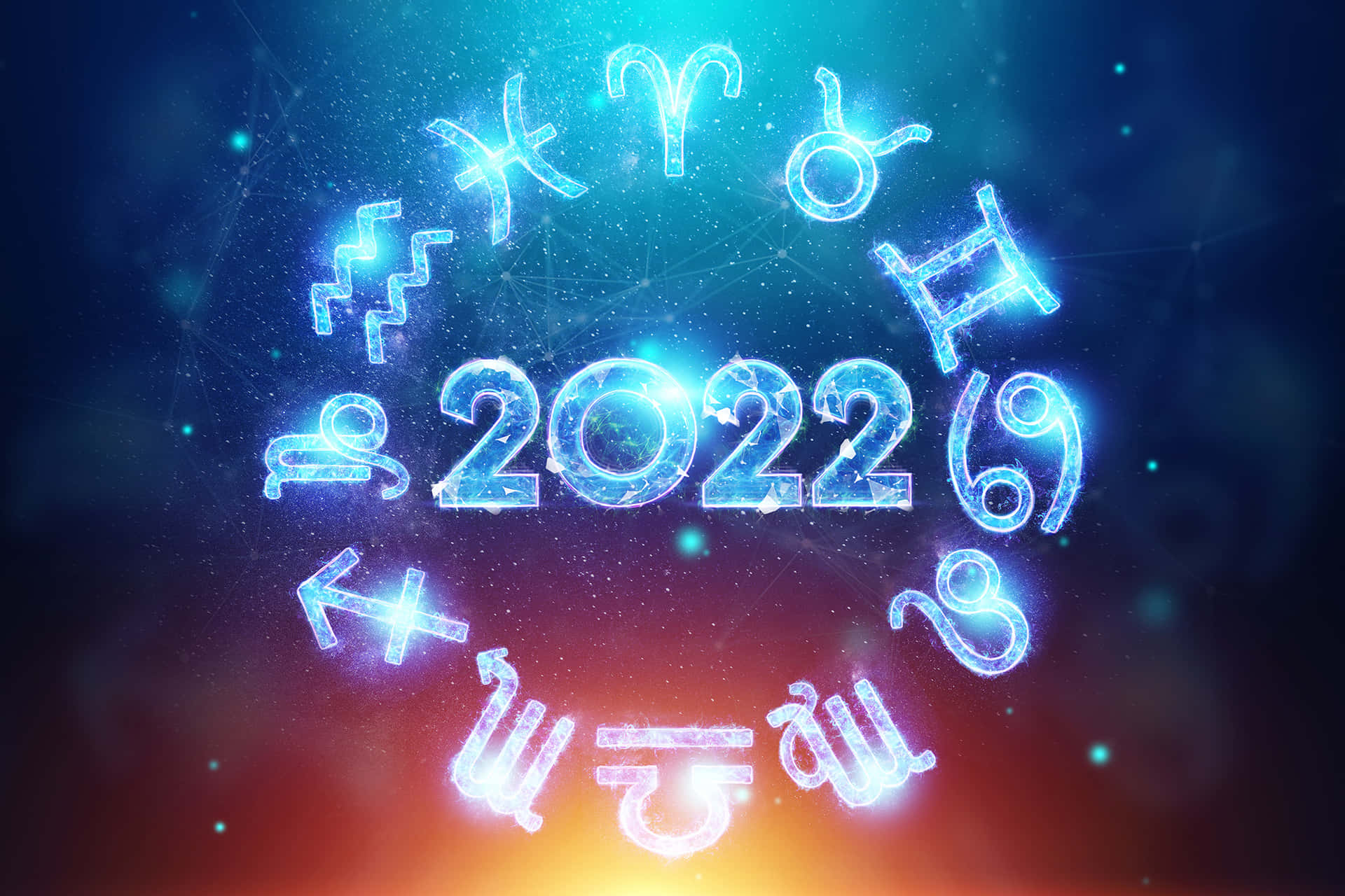 星座符號在2022年周圍的宇宙場景中發光。