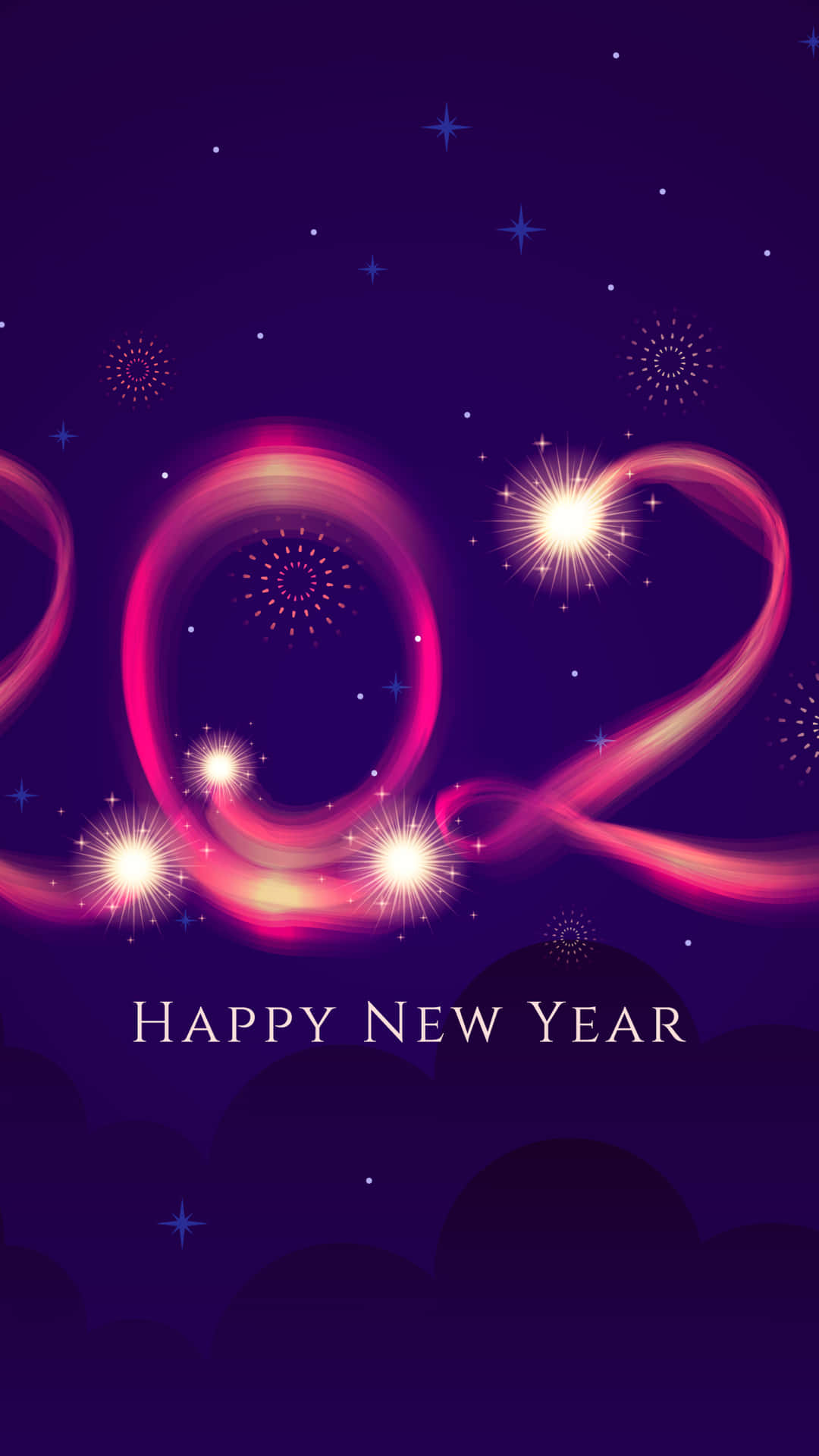 2022 年新年快樂，在繁星點點的紫色天空下，有發光的粉紅色數字和煙火。