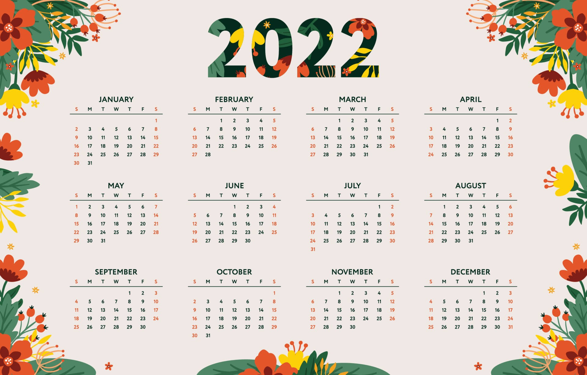 2022花卉日曆 壁紙 — 2022年日曆，帶有花卉邊框和彩色數字，背景為淺色。