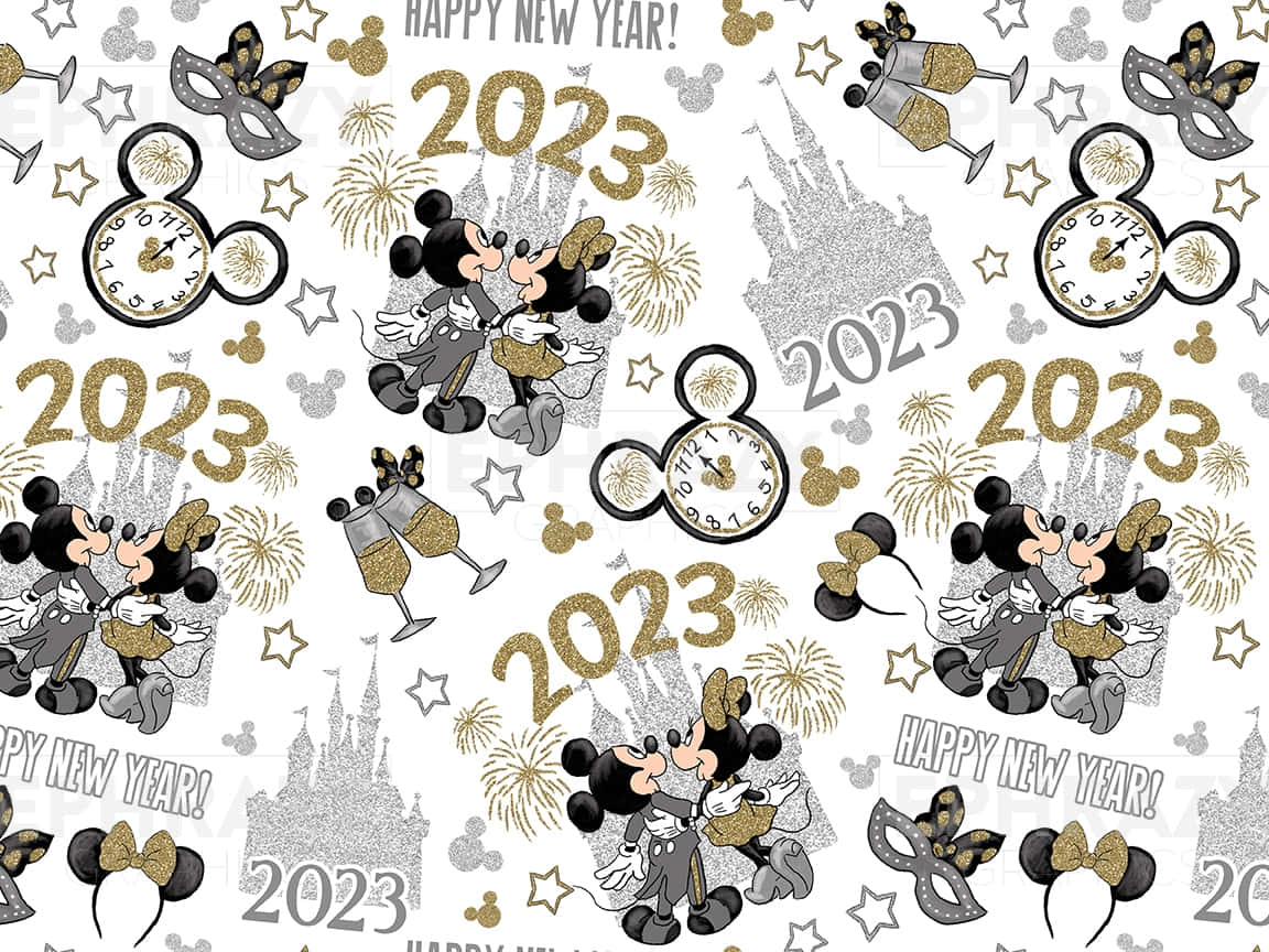 米奇鼠2023新年快樂 壁紙 — 米奇和米妮老鼠穿著正裝在白色背景上，在閃爍的2023新年圖案和煙花中親吻。