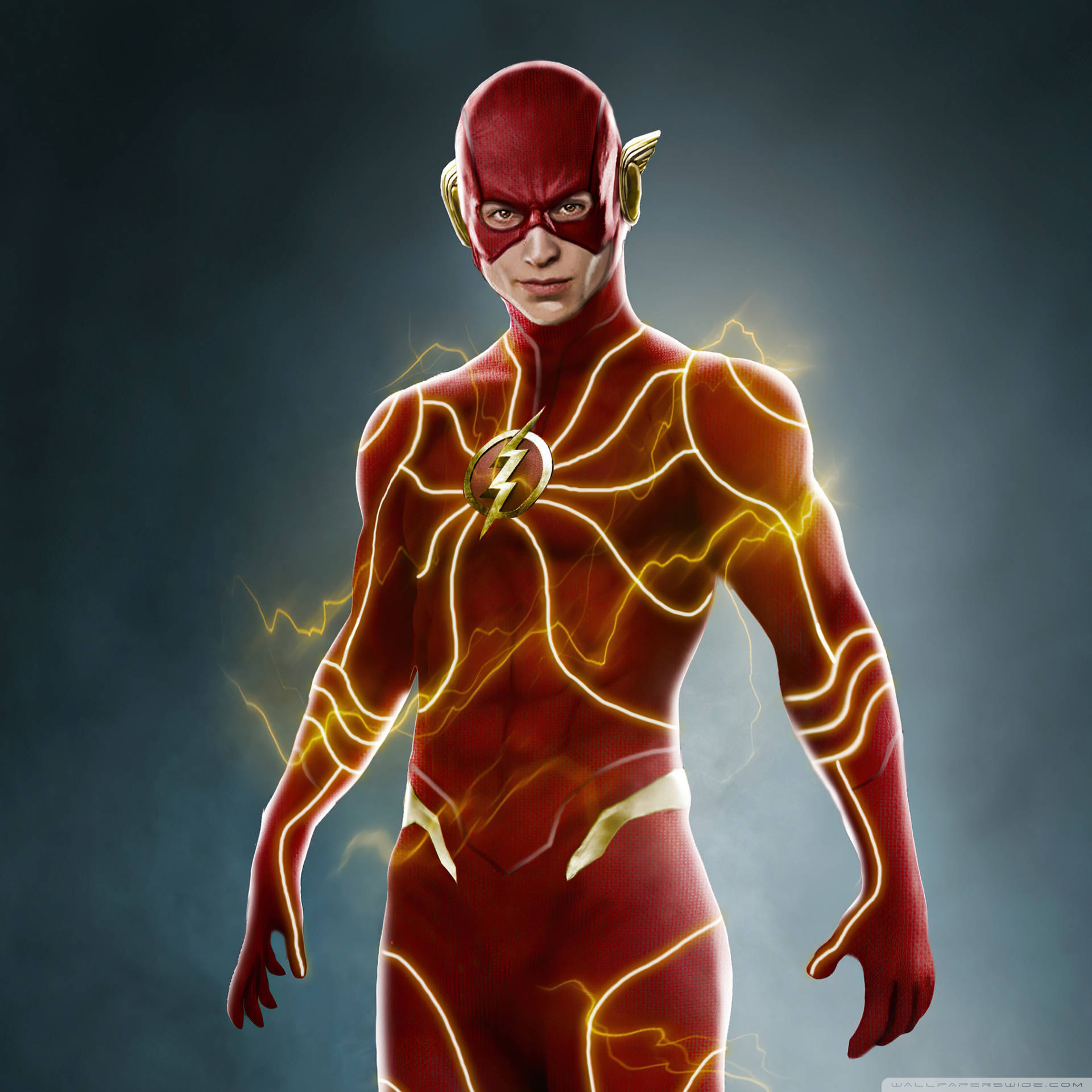 超級英雄 The Flash 身穿紅色戰衣，帶有發光的黃色閃電效果