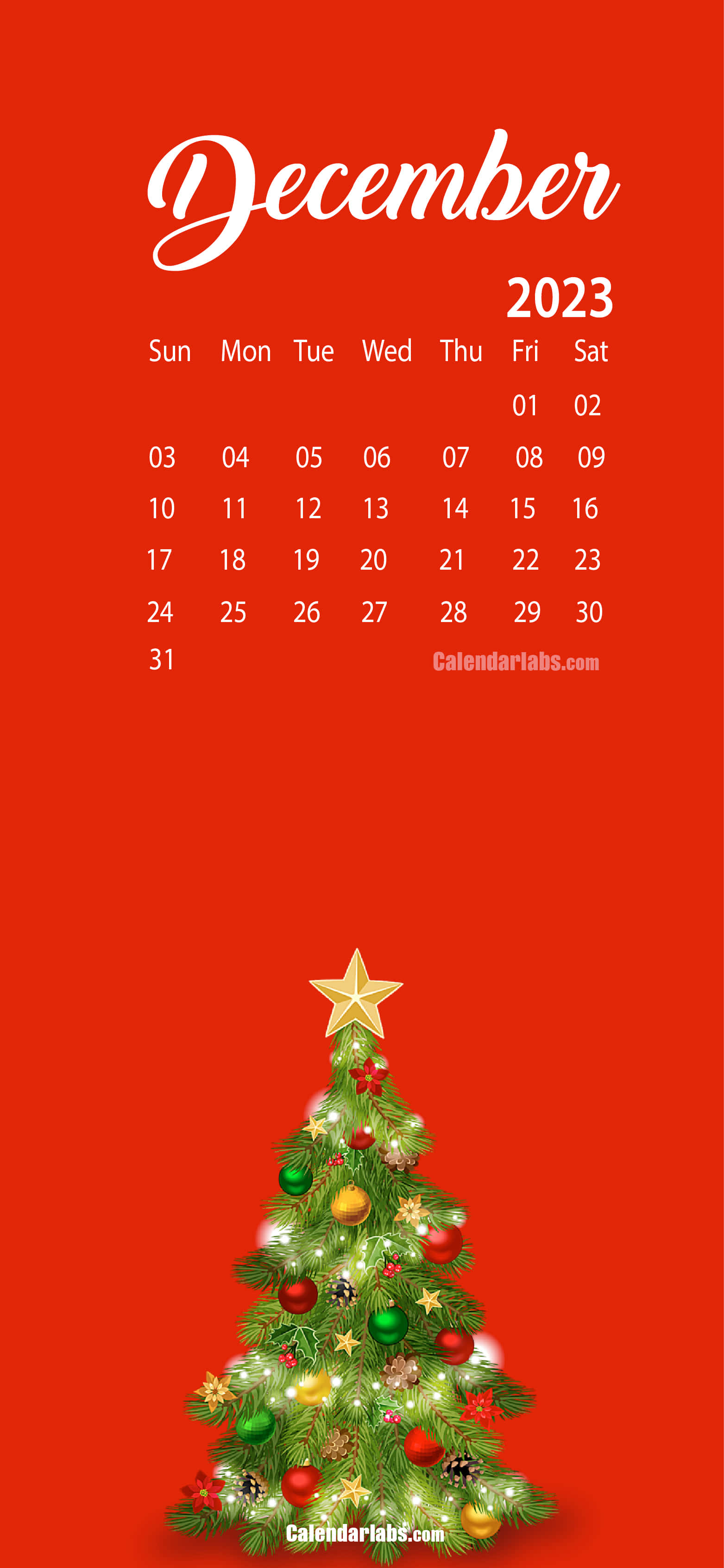 uplifting December 壁紙 — 2023年12月的節日曆，裝飾華麗的聖誕樹在鮮紅色背景上閃閃發光。