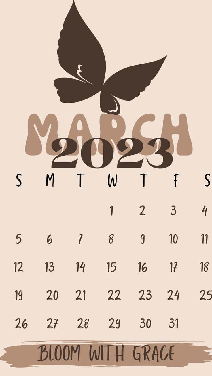 March 桌布 壁紙 — 2023年3月的簡約米色日曆，頂部有深棕色蝴蝶剪影和「bloom with grace」字句。