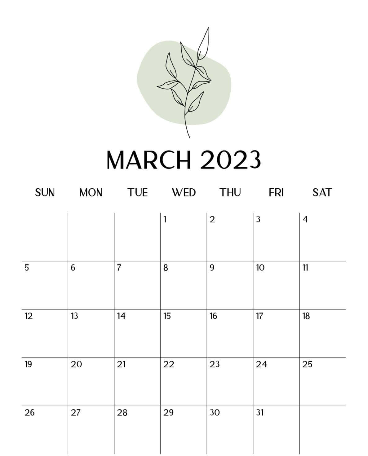 三月 桌布 壁紙 — 2023年3月簡約日曆，線條清晰，帶有柔和綠色的精緻葉子插圖。