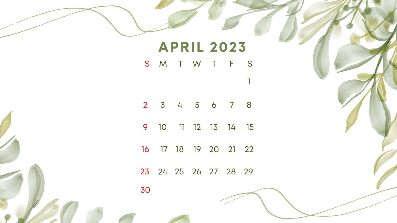 April 桌布 壁紙 — 2023年4月日曆，以精緻的水彩綠色葉子和藤蔓環繞在潔白背景上。