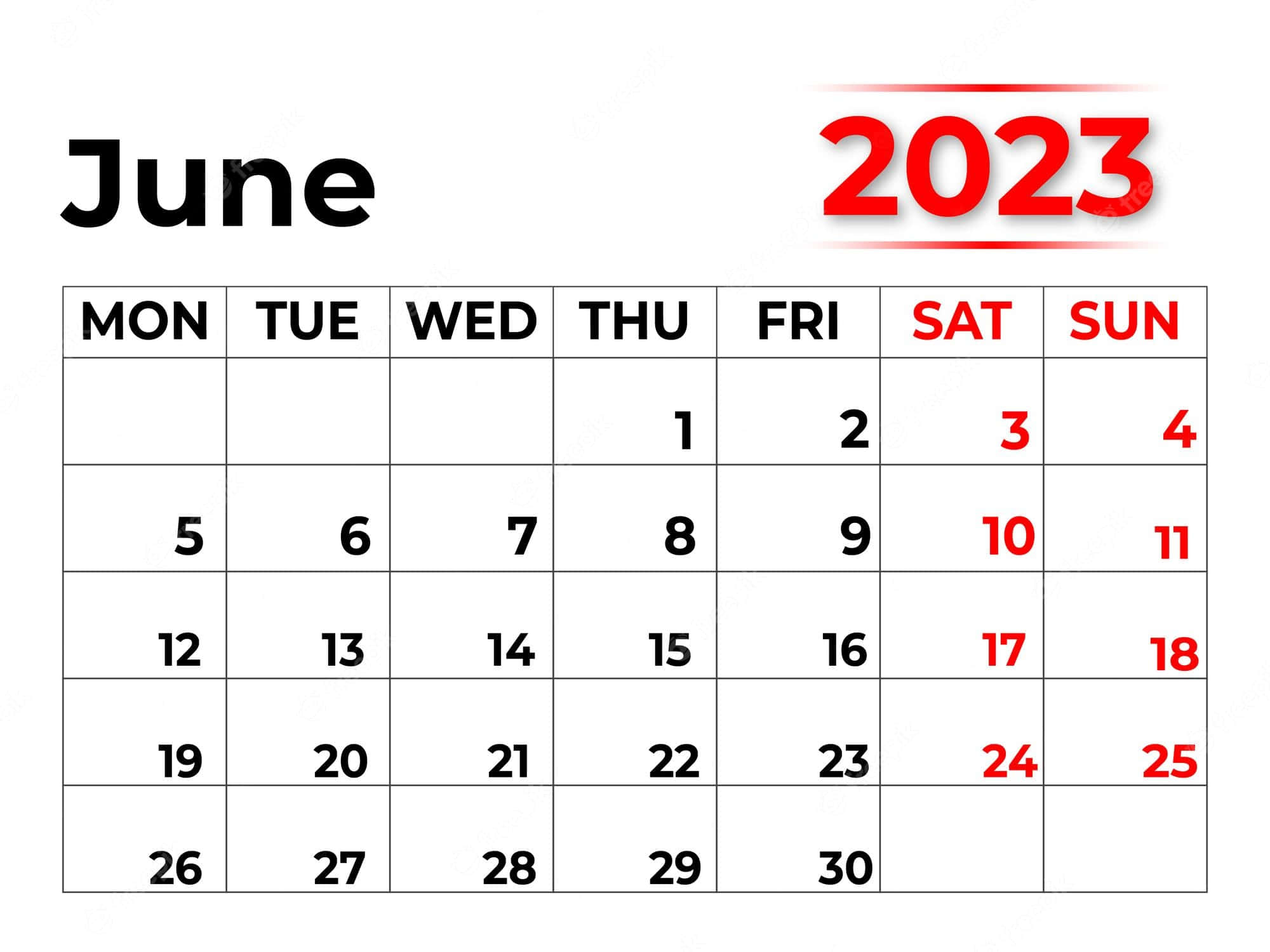 June 桌布 壁紙 — 2023年6月的簡潔極簡日曆，白色背景上帶有粗體黑色和紅色文字。