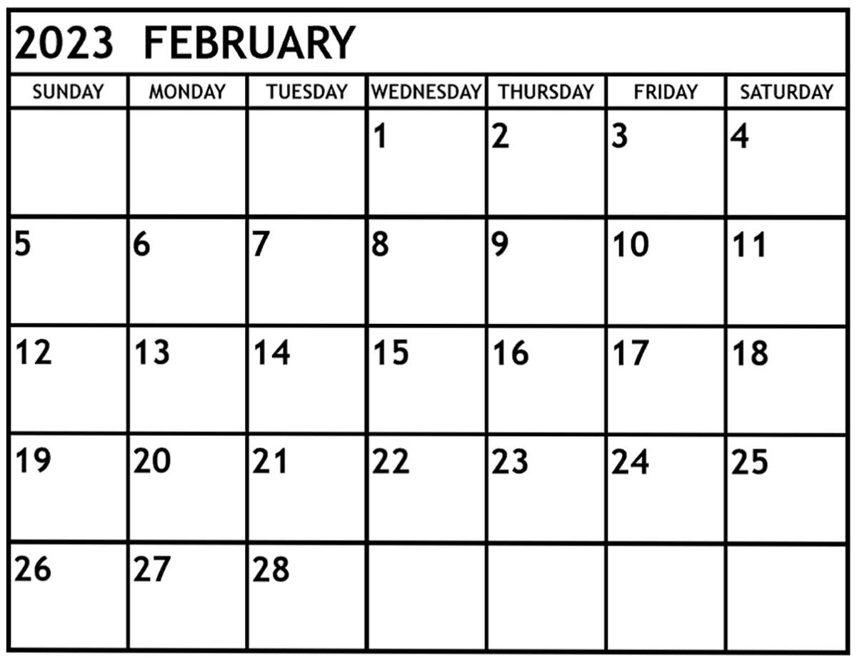 2023年2月日曆，以網格佈局顯示日期。