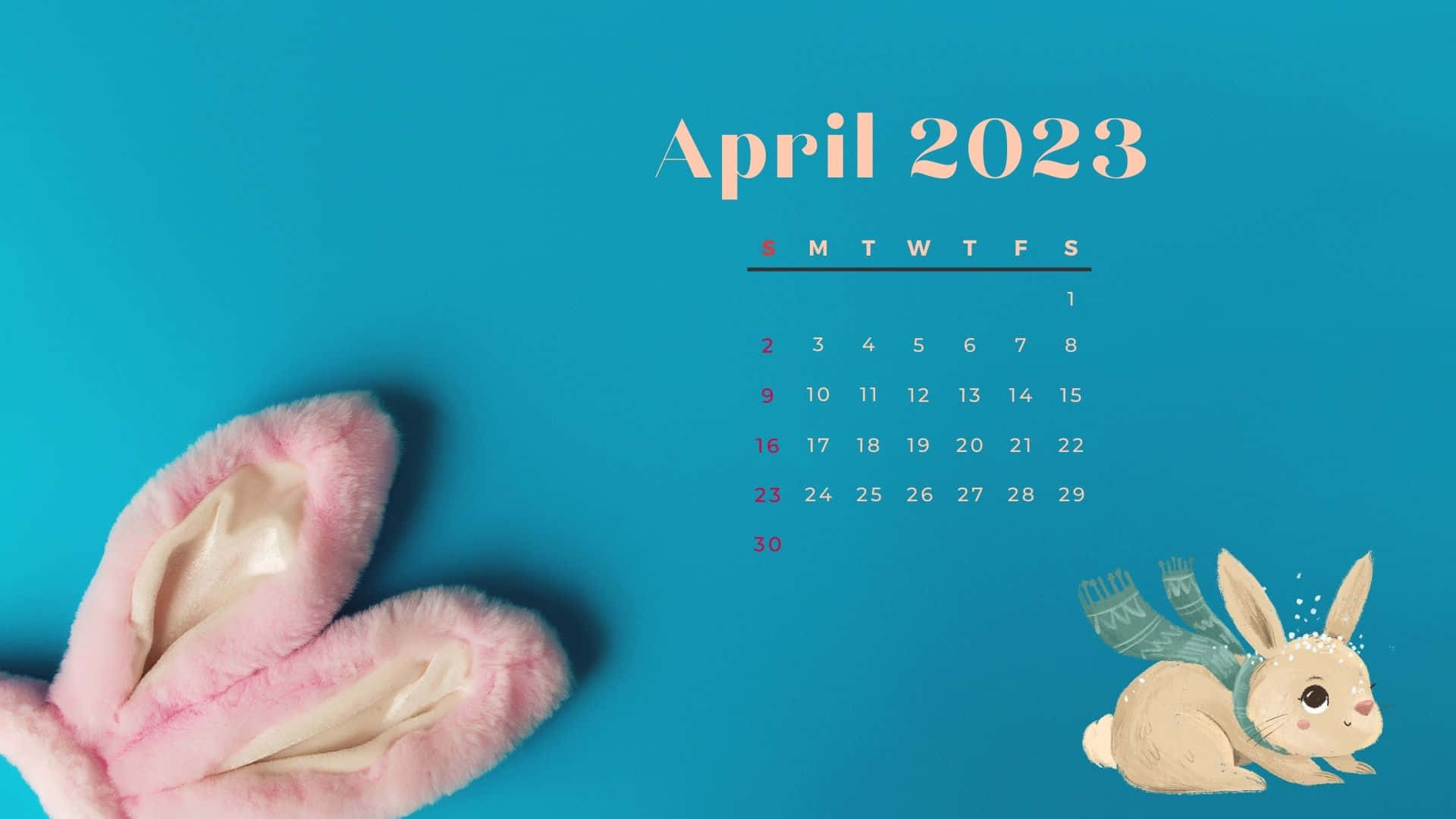 2023年四月日曆：為高效能月份提前規劃 壁紙 — 在青綠色背景上，帶有粉紅色兔耳朵和戴著圍巾的可愛插圖兔子的愉快2023年4月日曆。