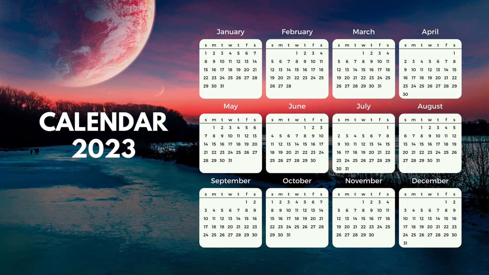 日曆 桌布 壁紙 — 2023年年曆漂浮在雪景之上，下方是暮色中的巨大紅色行星。