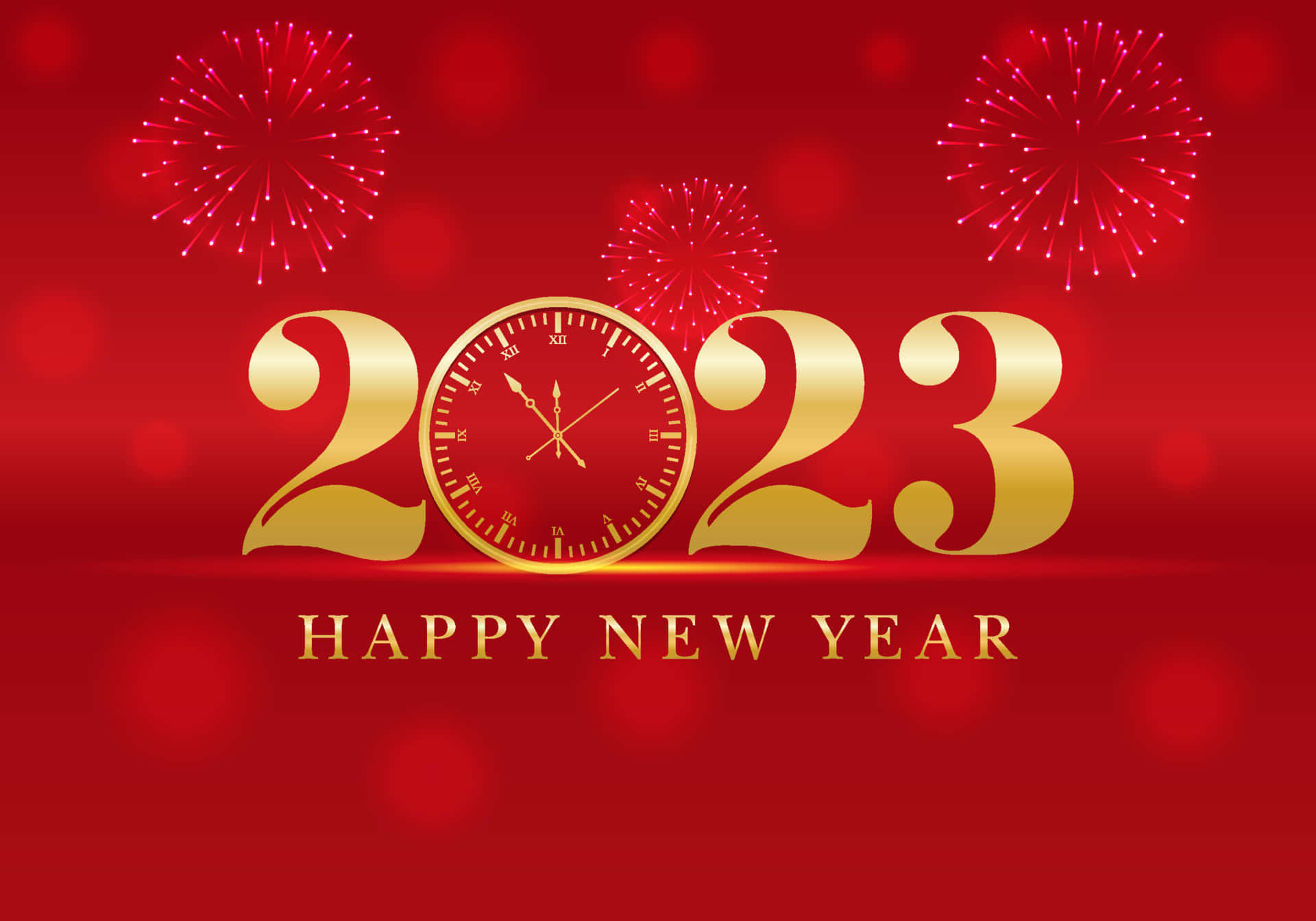 2023年新年快樂，金色時鐘與煙花 壁紙