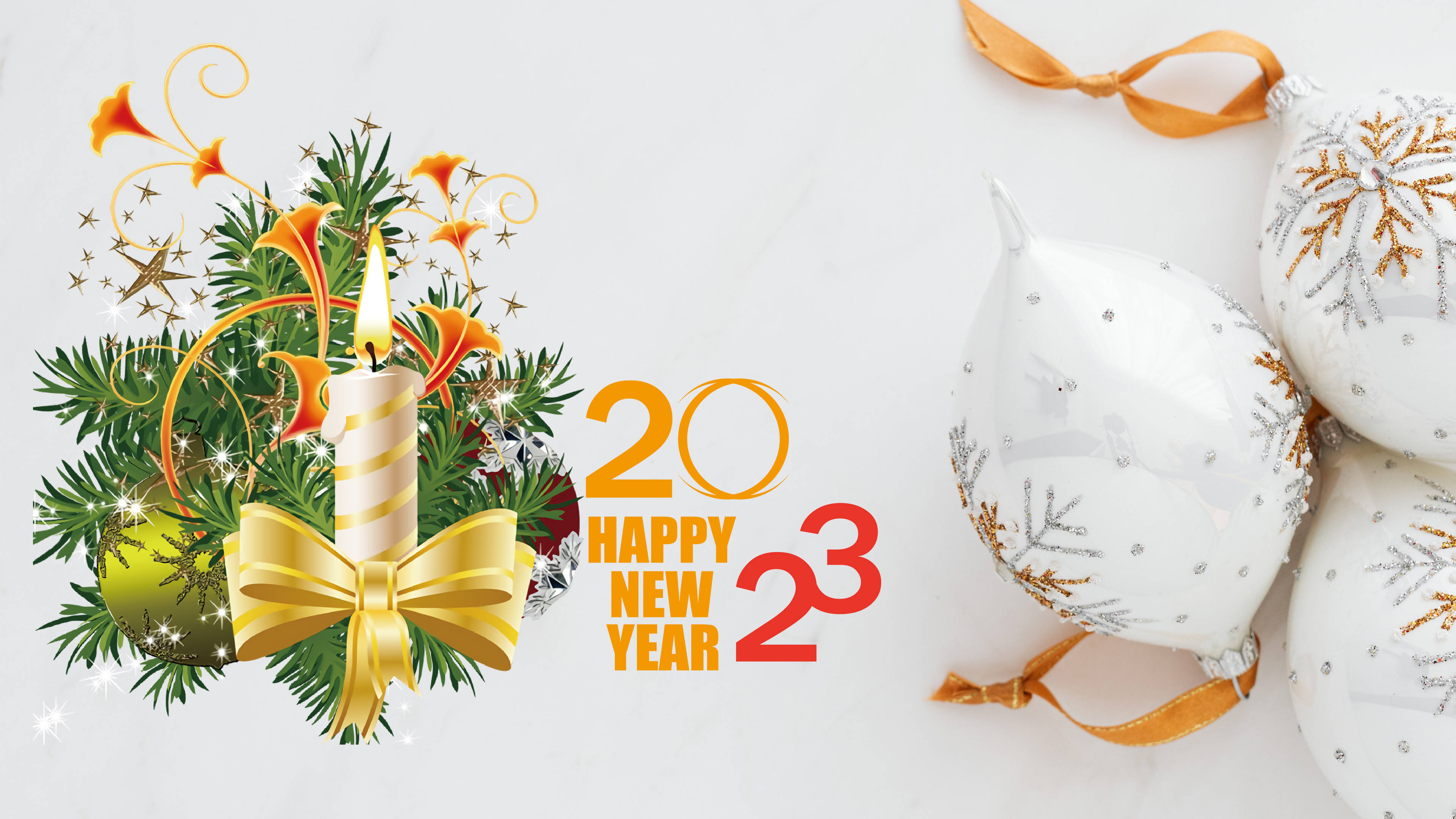 2023年新年賀卡，有蠟燭、松樹、蝴蝶結和雪花氣球。 — 新年快樂 GIF 壁紙