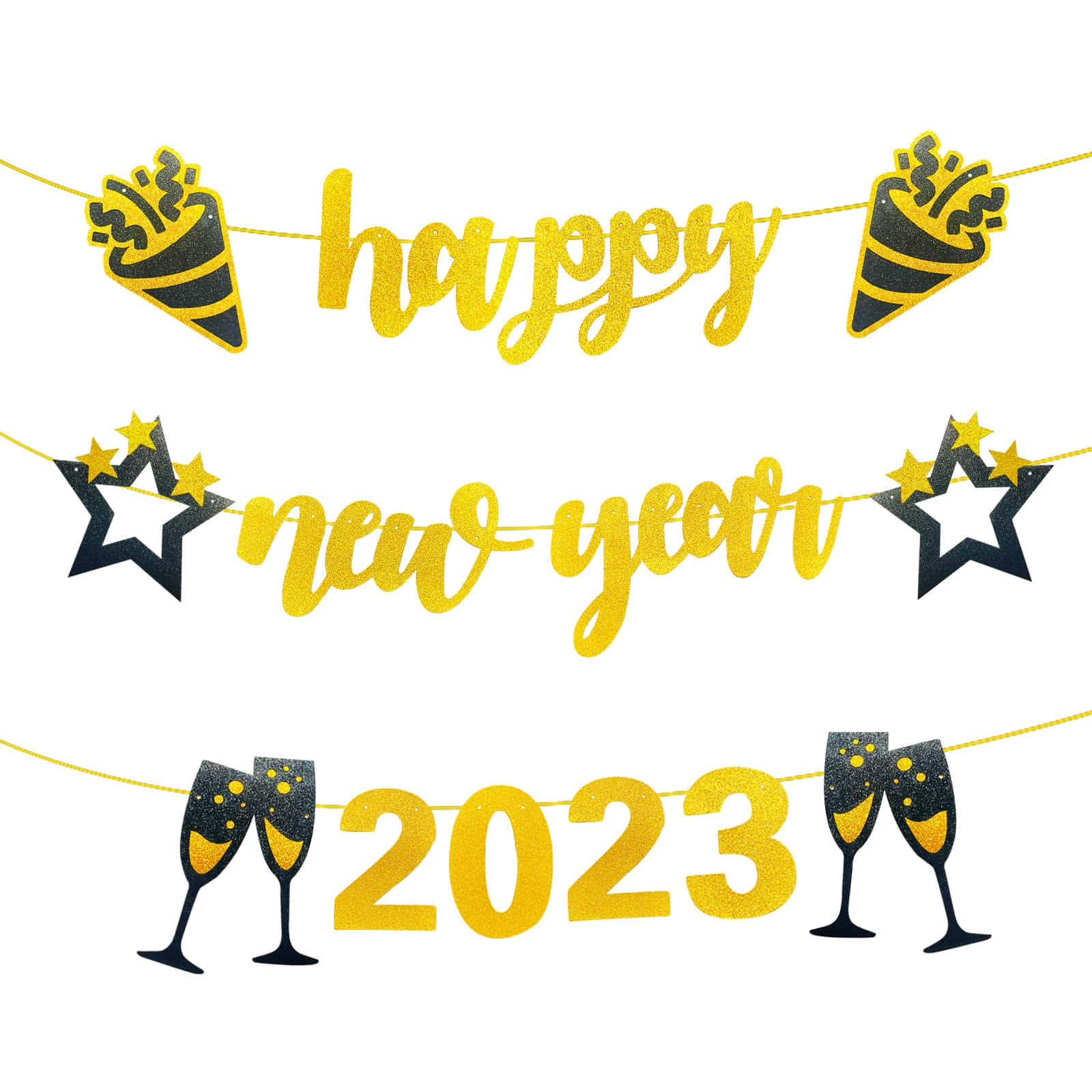 2023新年快樂圖 壁紙 — 閃爍金色和黑色的新年橫幅，上面有「happy new year 2023」字樣和派對裝飾，背景為白色。