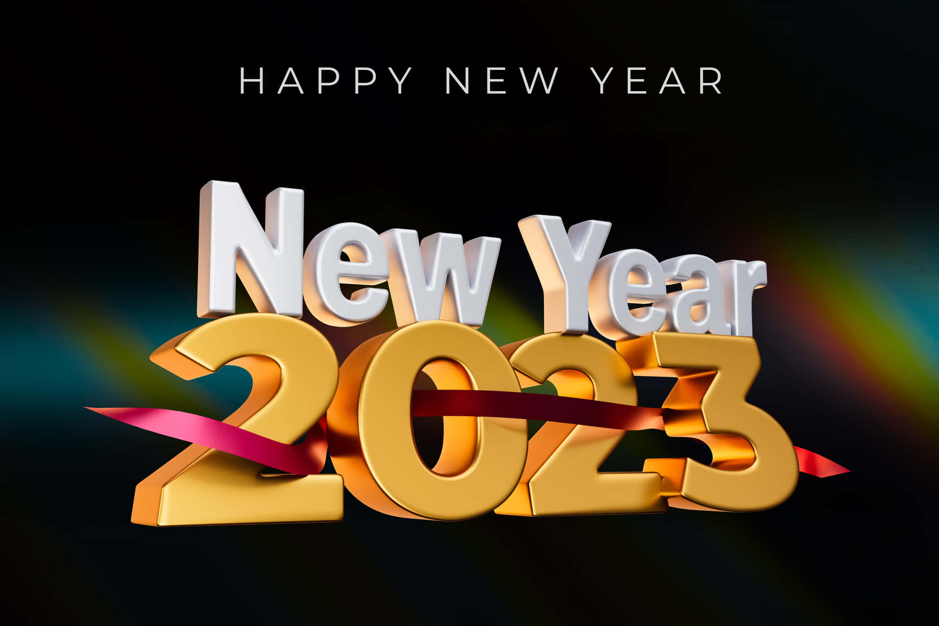 金色3D新年2023文字配紅色絲帶，深色背景帶彩虹光條。
