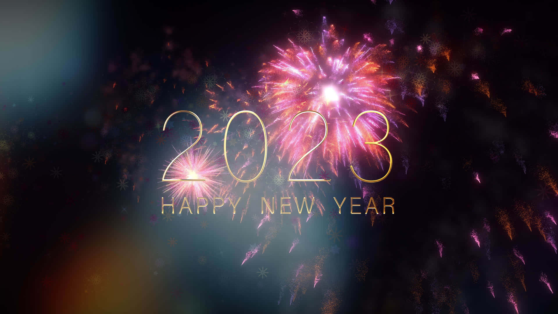 2023新年快樂慶祝圖 壁紙 — 金色2023字樣在黑暗天空中綻放的鮮豔煙火和飄落的雪花下閃耀。