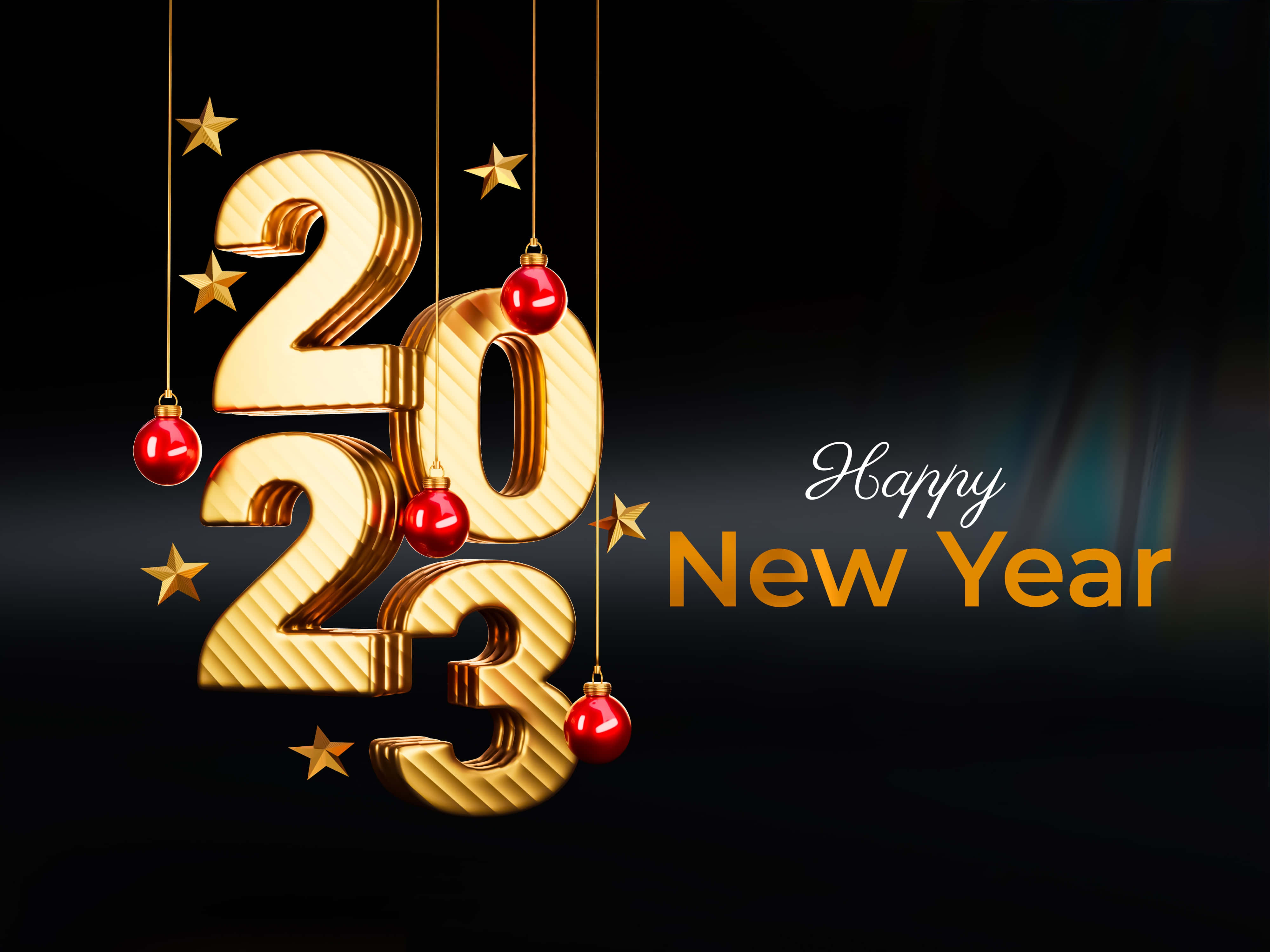 2023新年賀圖 壁紙 — 金色2023數字與紅色裝飾品和星星懸掛在深色漸變背景上，並帶有「Happy New Year」文字。