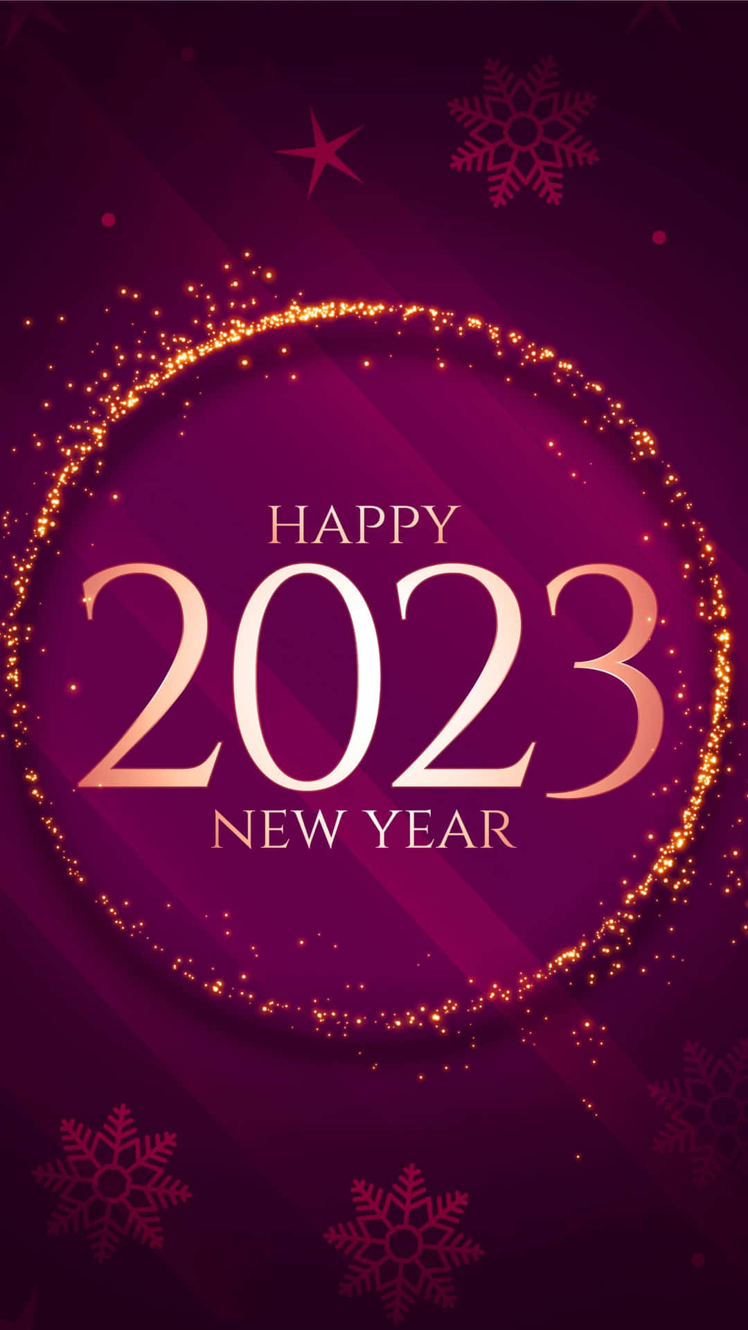2023新年快樂祝福，金色閃光和雪花在紫色背景上。