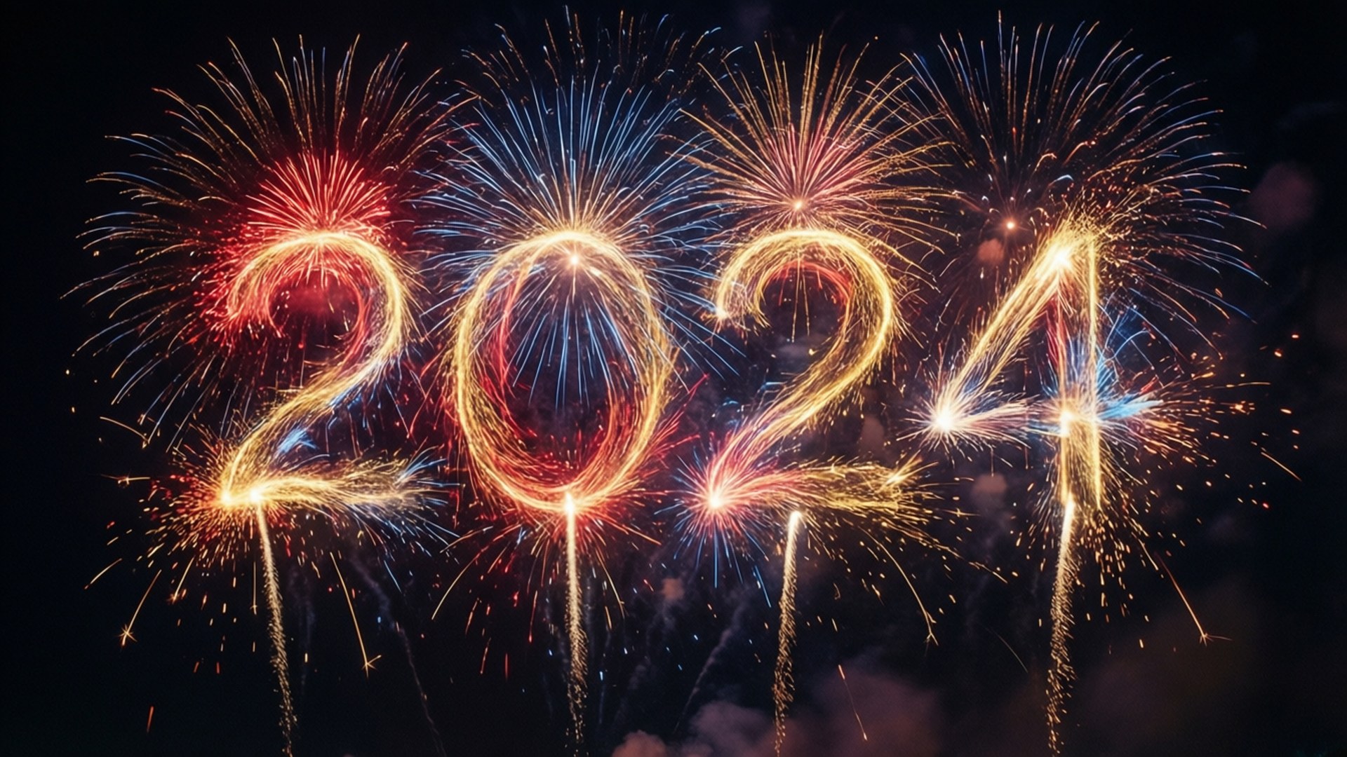煙火在夜空中形成2024的數字，用於新年慶祝。