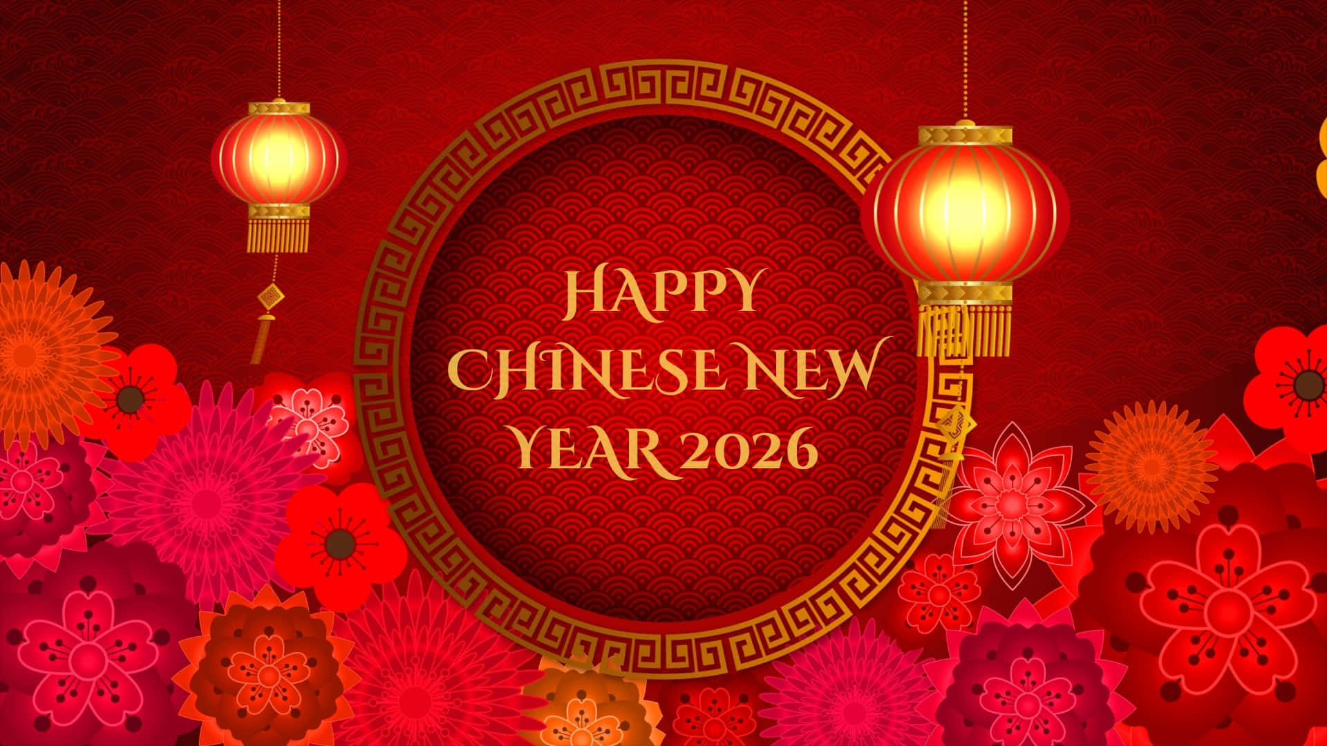  壁紙 — 2026年農曆新年賀卡，以鮮艷的紅色和金色為主調，配上發光的燈籠和華麗的花卉圖案。