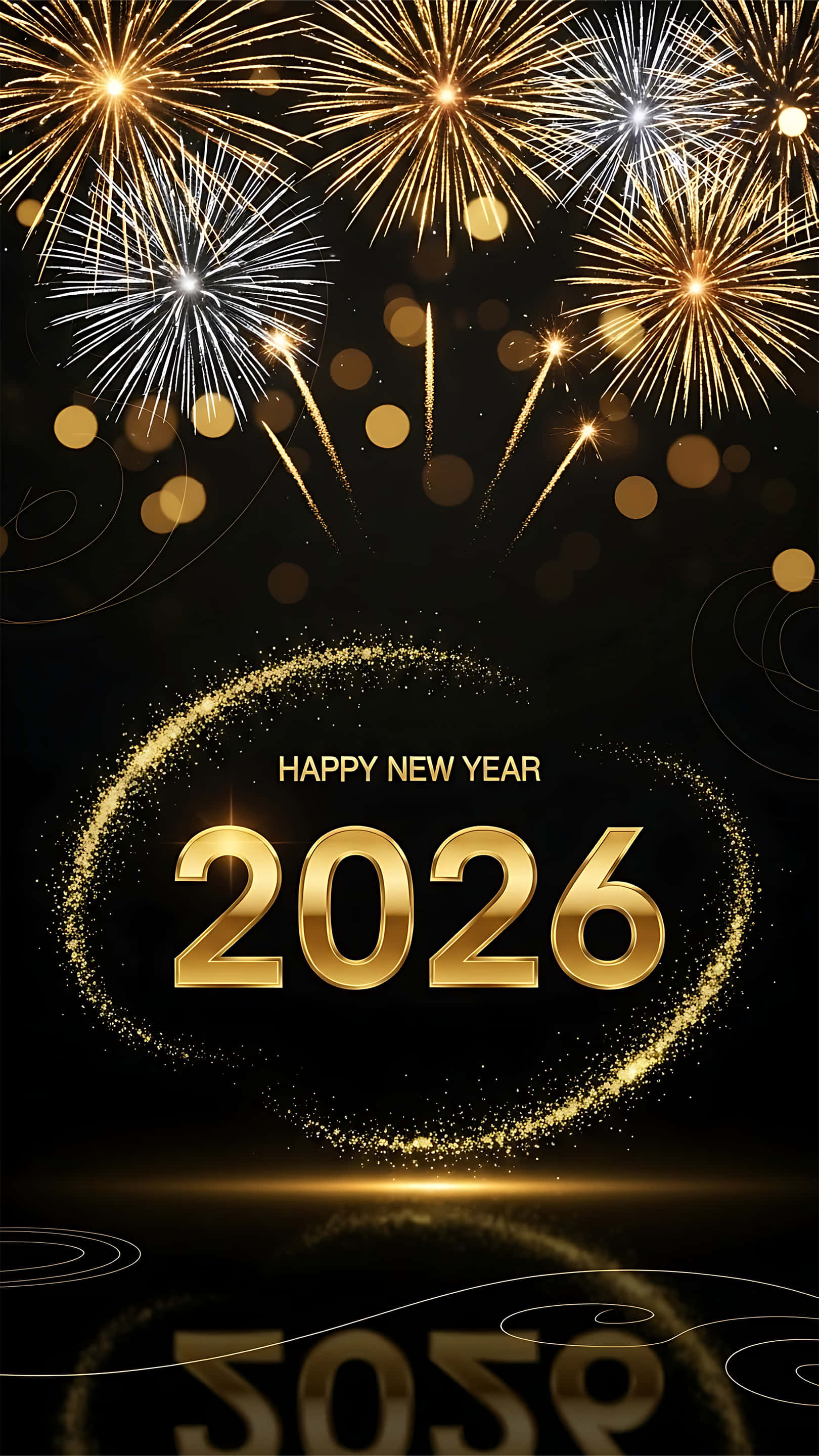 金色煙火慶祝2026年快樂新年 壁紙 — 金色煙花在閃爍的黑色背景上綻放，框住以閃亮金色文字呈現的「HAPPY NEW YEAR 2026」。