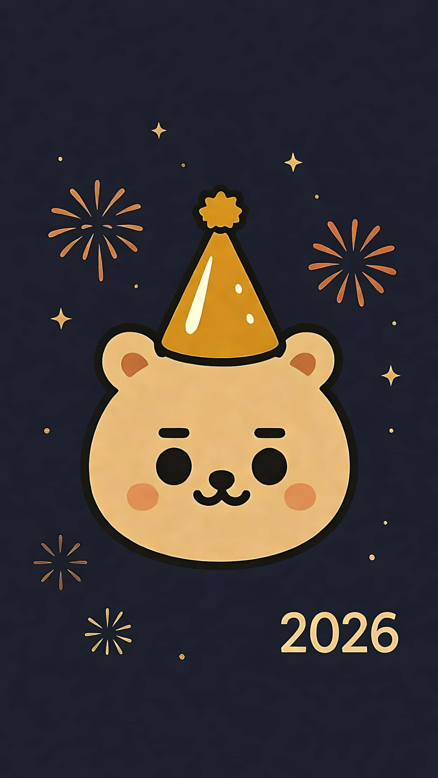 可愛小熊戴派對帽慶祝2026新年 壁紙 — 一隻可愛的卡通熊戴着金色派對帽，在深藍色背景上有煙花和星星，慶祝2026年。