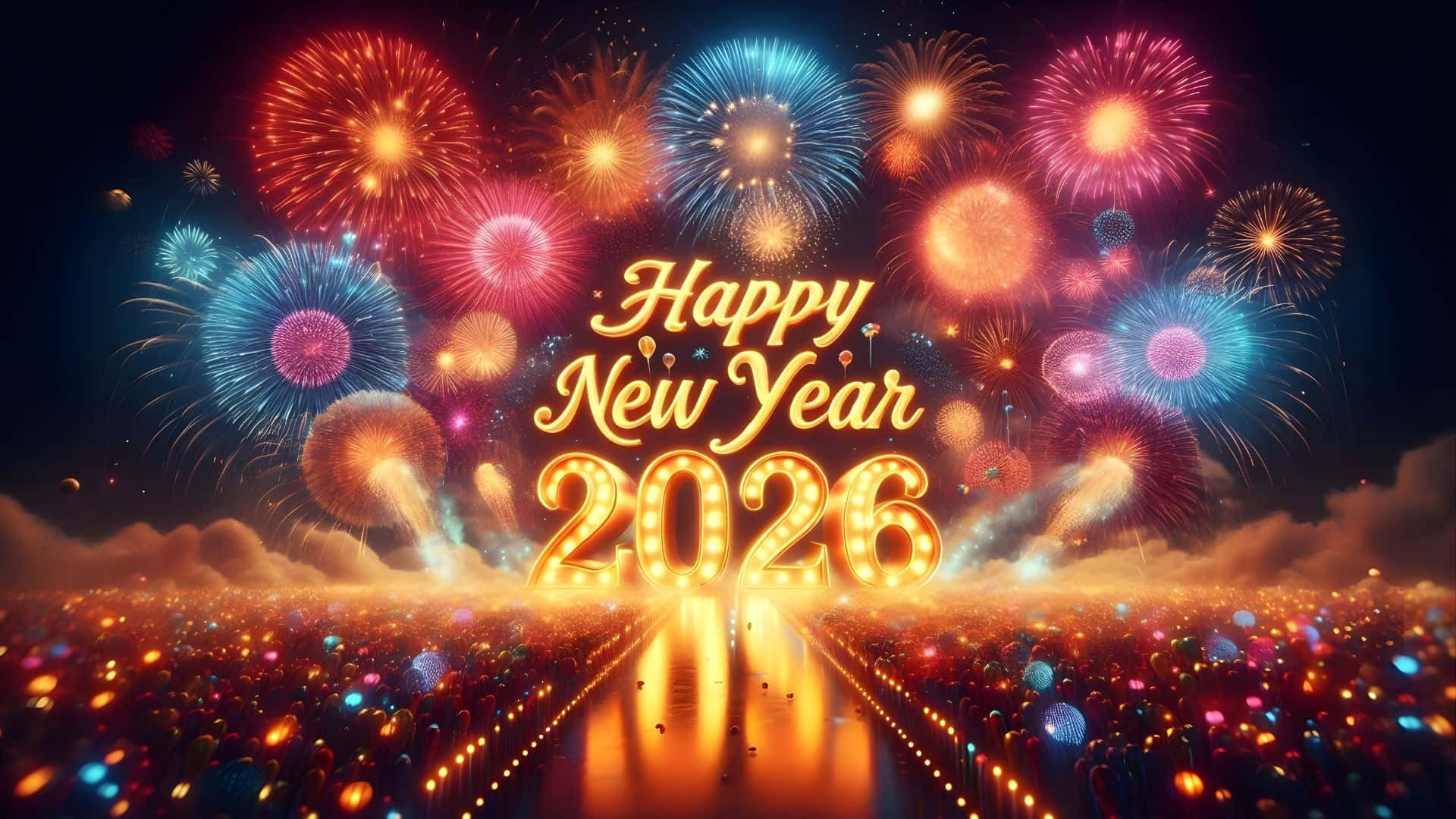 2026 新年慶祝 壁紙 — 充滿活力的煙花在發光的「Happy New Year 2026」標誌上方爆炸，下方是充滿燈光的反射路徑。