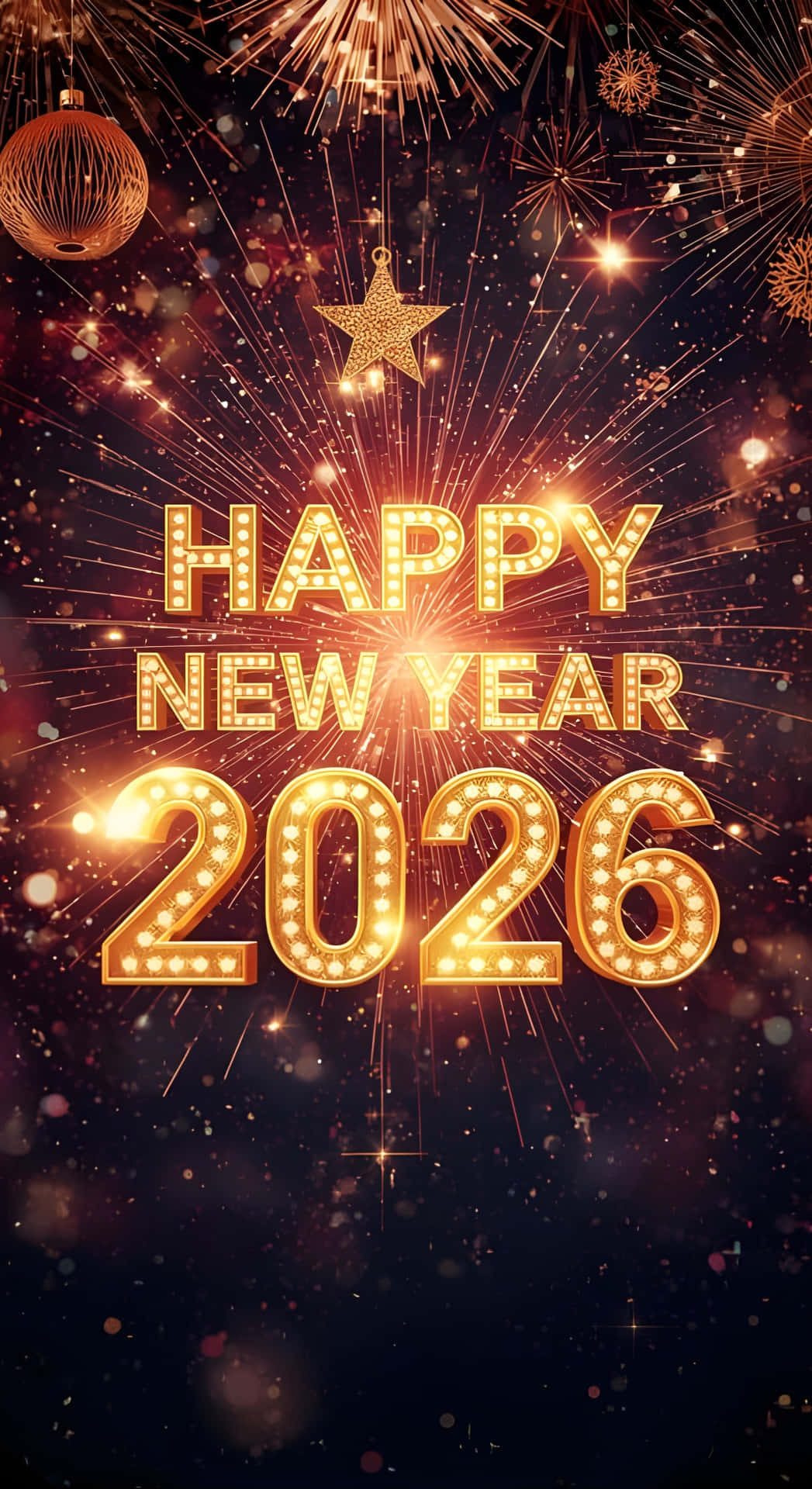 2026 新年慶祝 壁紙 — 金色嘅「Happy New Year 2026」文字喺充滿閃爍煙花同掛飾嘅黑暗天空中發光。