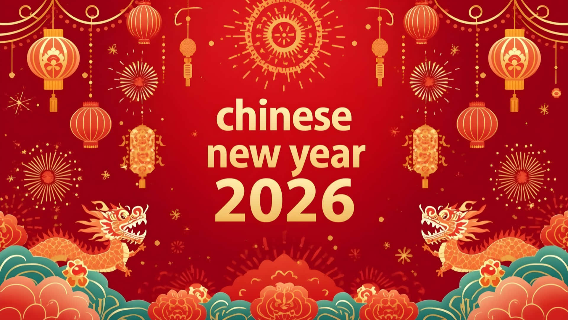  壁紙 — 2026年農曆新年插圖，以鮮艷的紅色和金色為主，描繪龍、燈籠和煙花，慶祝農曆新年。